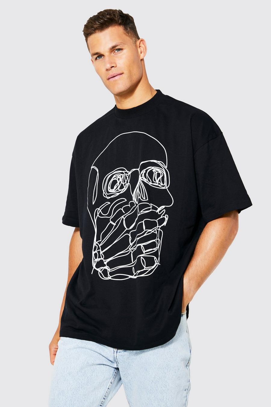 Black schwarz Tall Skull Line Drawing Print T-shirt