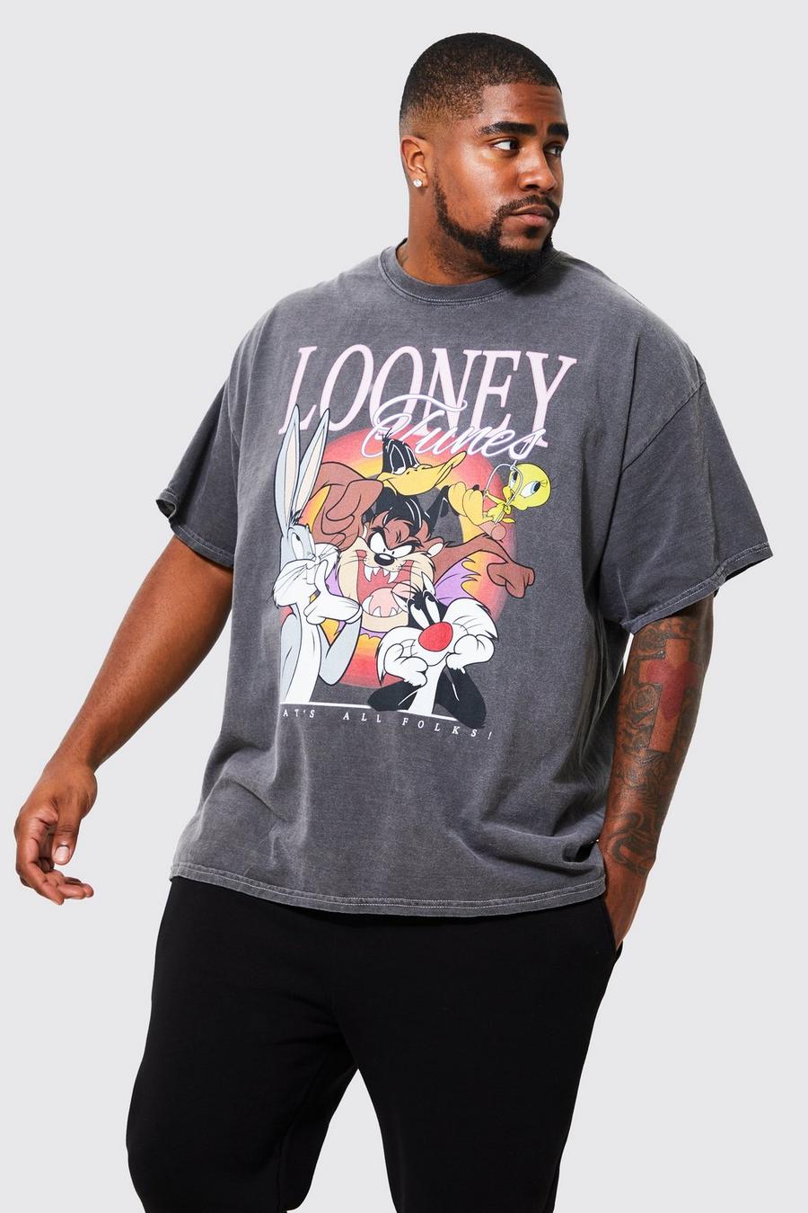 Camiseta Plus con lavado de ácido y estampado de los Looney Tunes, Charcoal image number 1