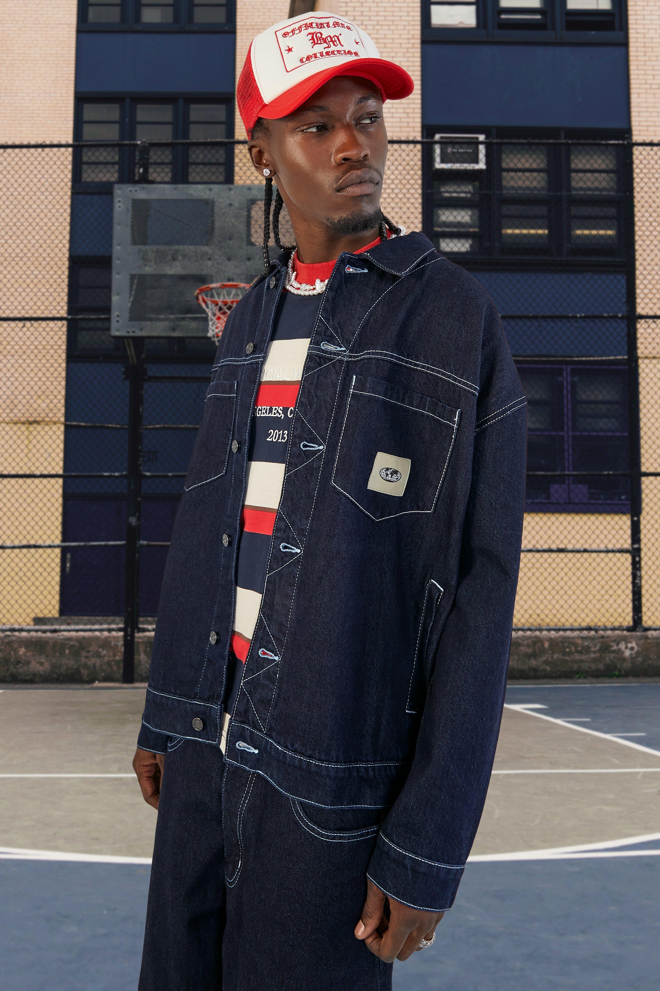 Black stitch denim outlet jacket