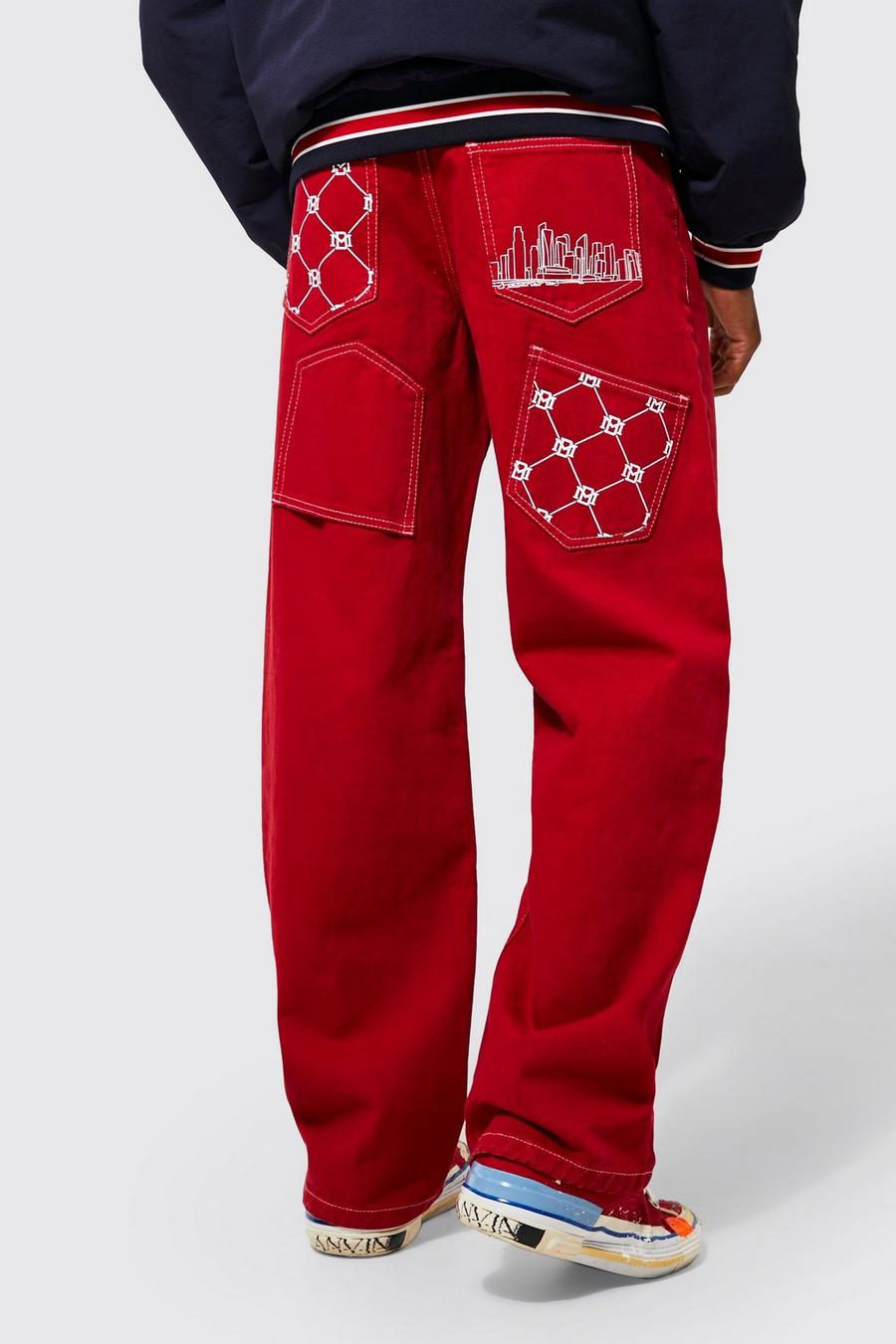 Red Baggy Fit Pocket Embroidered Jeans
