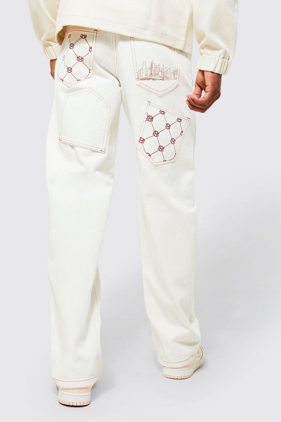 Ecru white Baggy Fit Pocket Embroidered Jeans