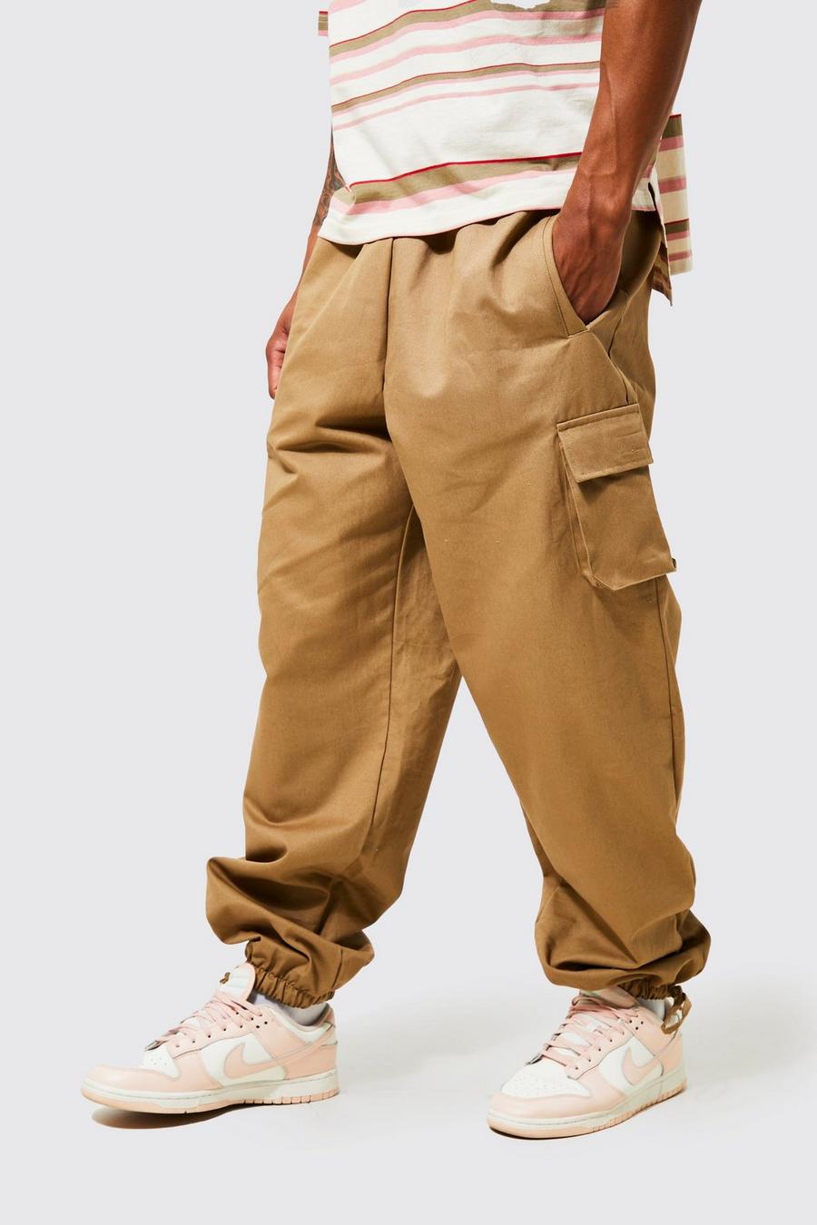 Khaki Elastic Waist Baggy Fit Multi Pocket Cargo Trouser image number 1