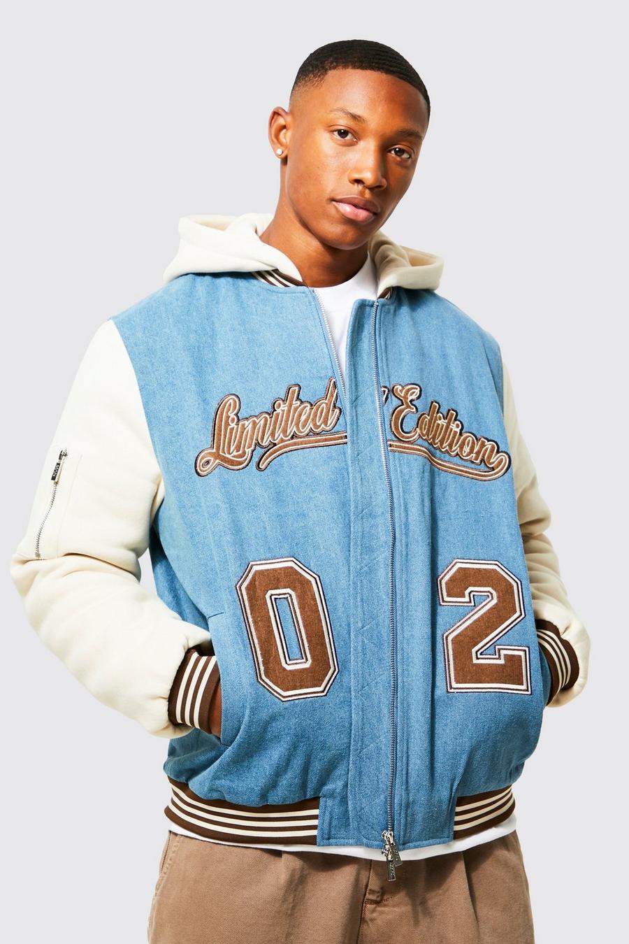 Light blue Oversized Bm Hooded Denim Varsity Jacket image number 1