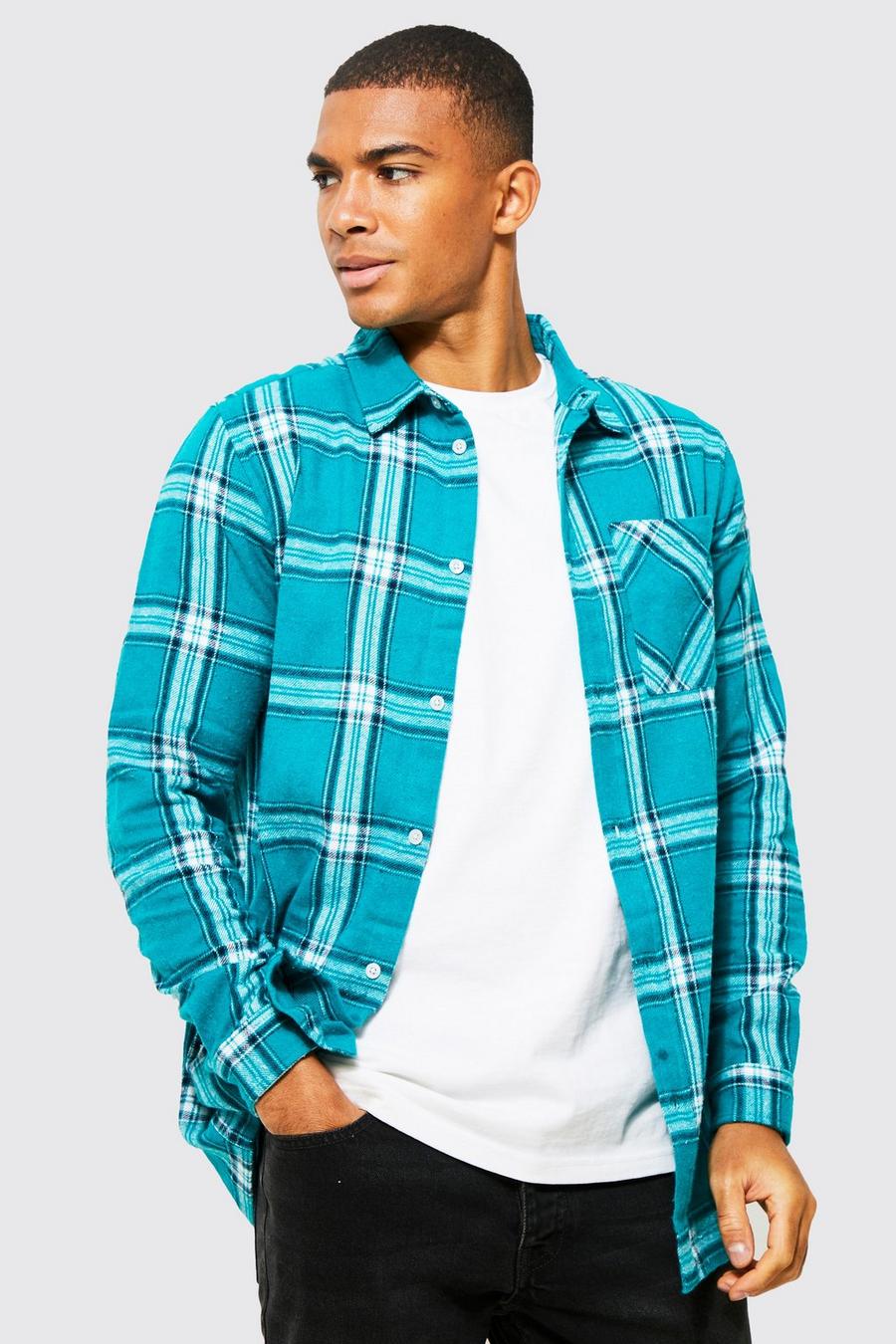 Teal green Long Sleeve Longline Check Shirt image number 1