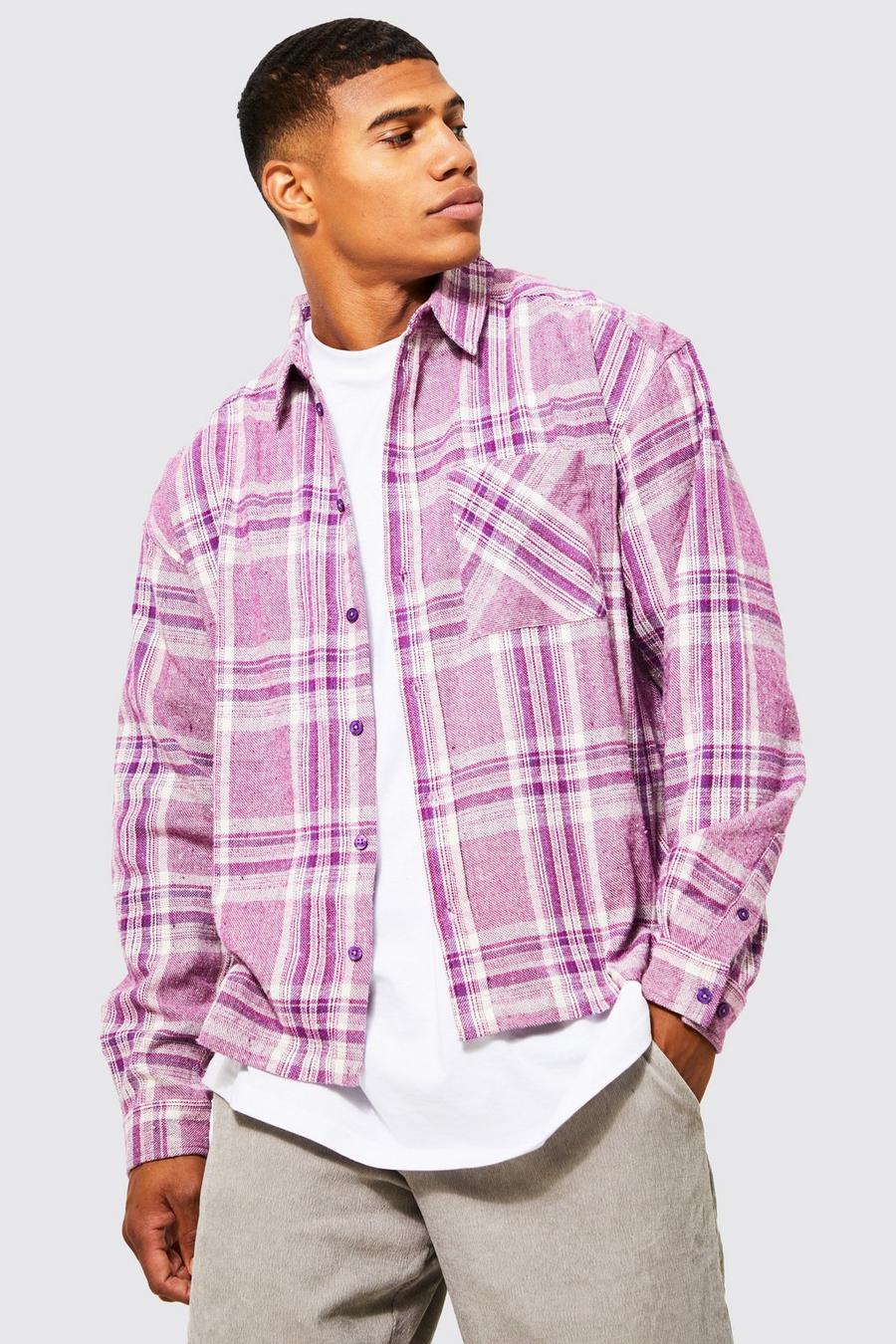 Purple violet Long Sleeve Boxy Fit Bleach Check Shirt