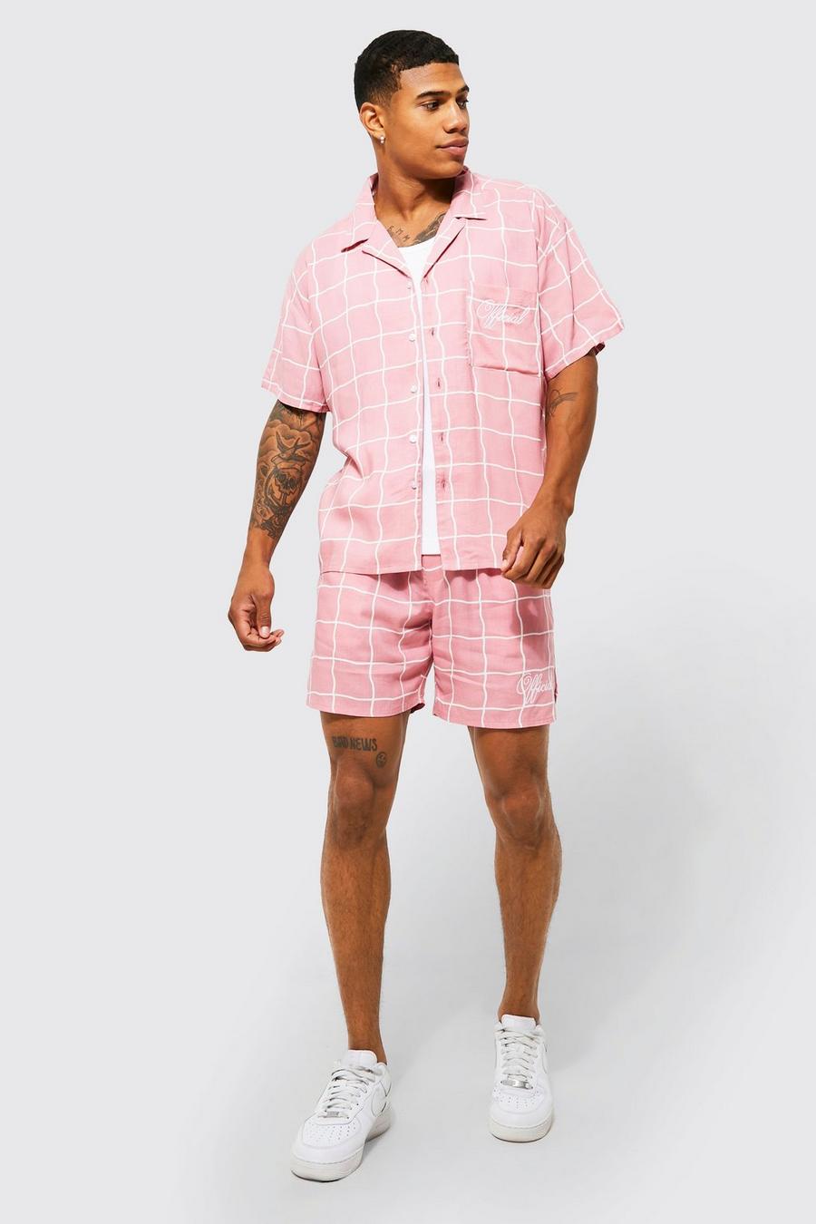 Light pink Boxy Fit Viscose Check Shirt And Short Set