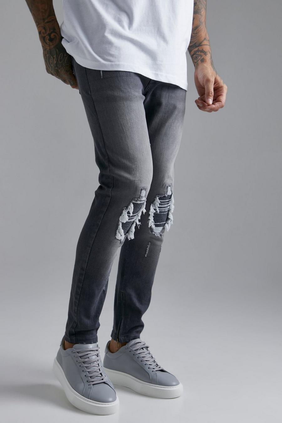 Mid grey grau Skinny Stretch Rip & Repair Biker Jeans