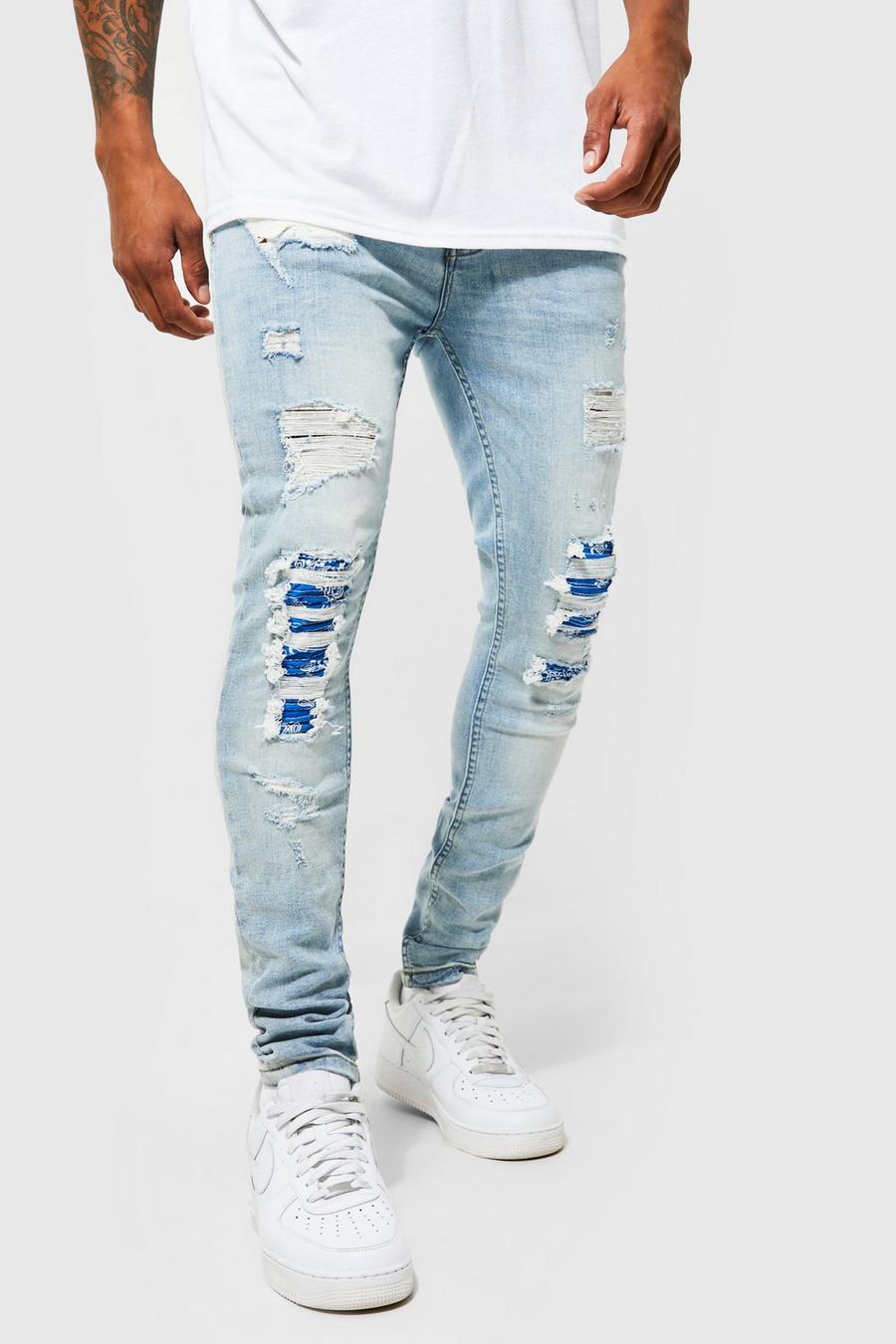 Light blue blå Super skinny jeans med bikerdetaljer och bandanamönster