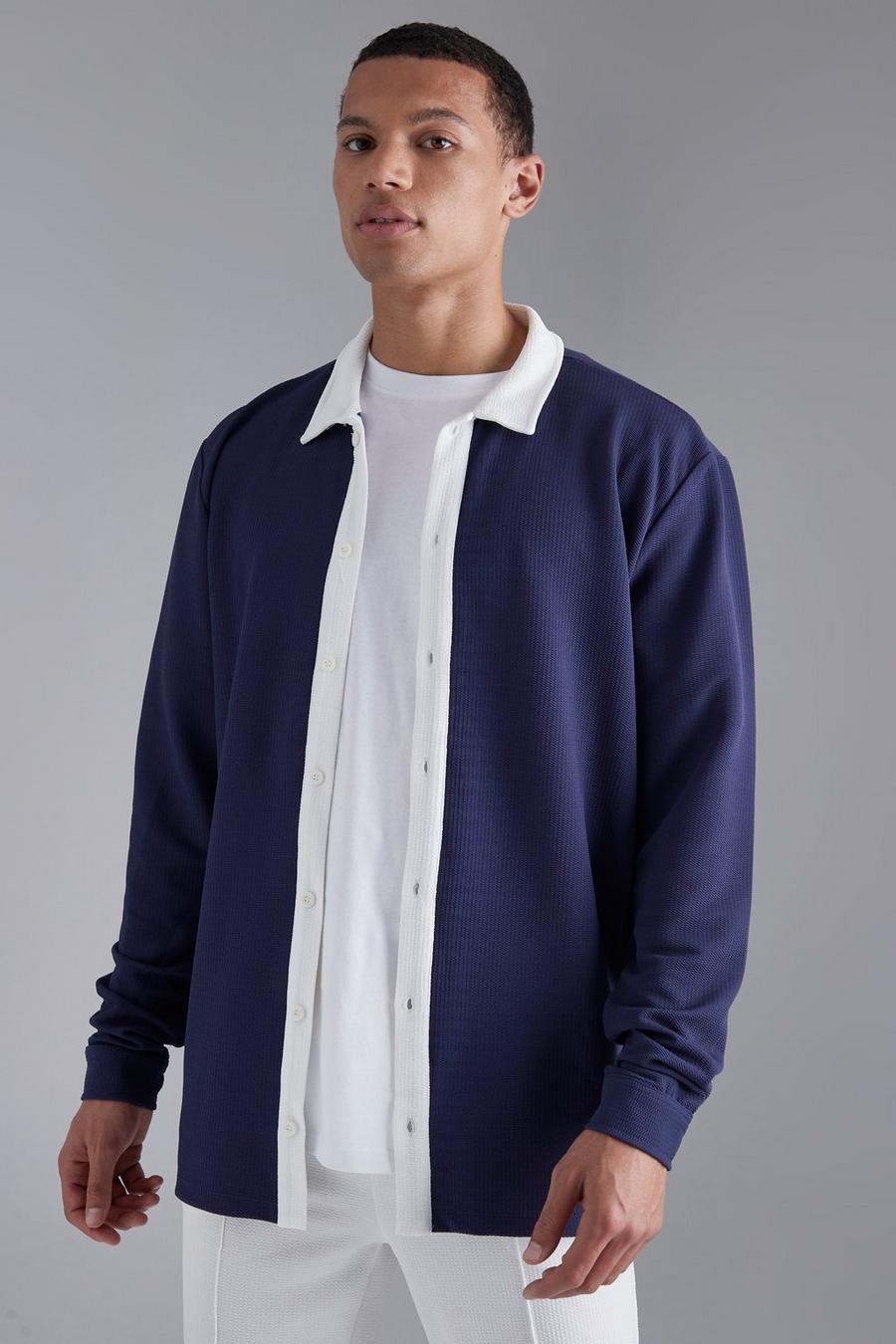 Navy Tall Long Sleeve Jersey Textured Neck Shirt image number 1