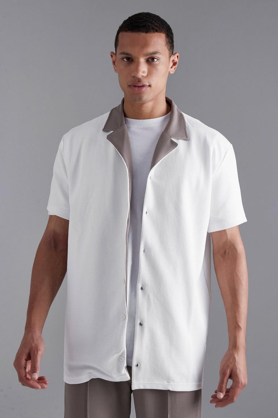 Tall kurzärmliges strukturiertes Jersey-Hemd, Ecru white image number 1
