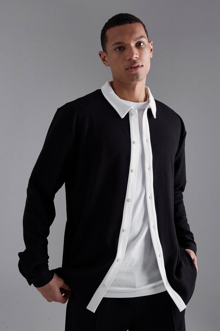 Black schwarz Tall Long Sleeve Jersey Textured Shirt