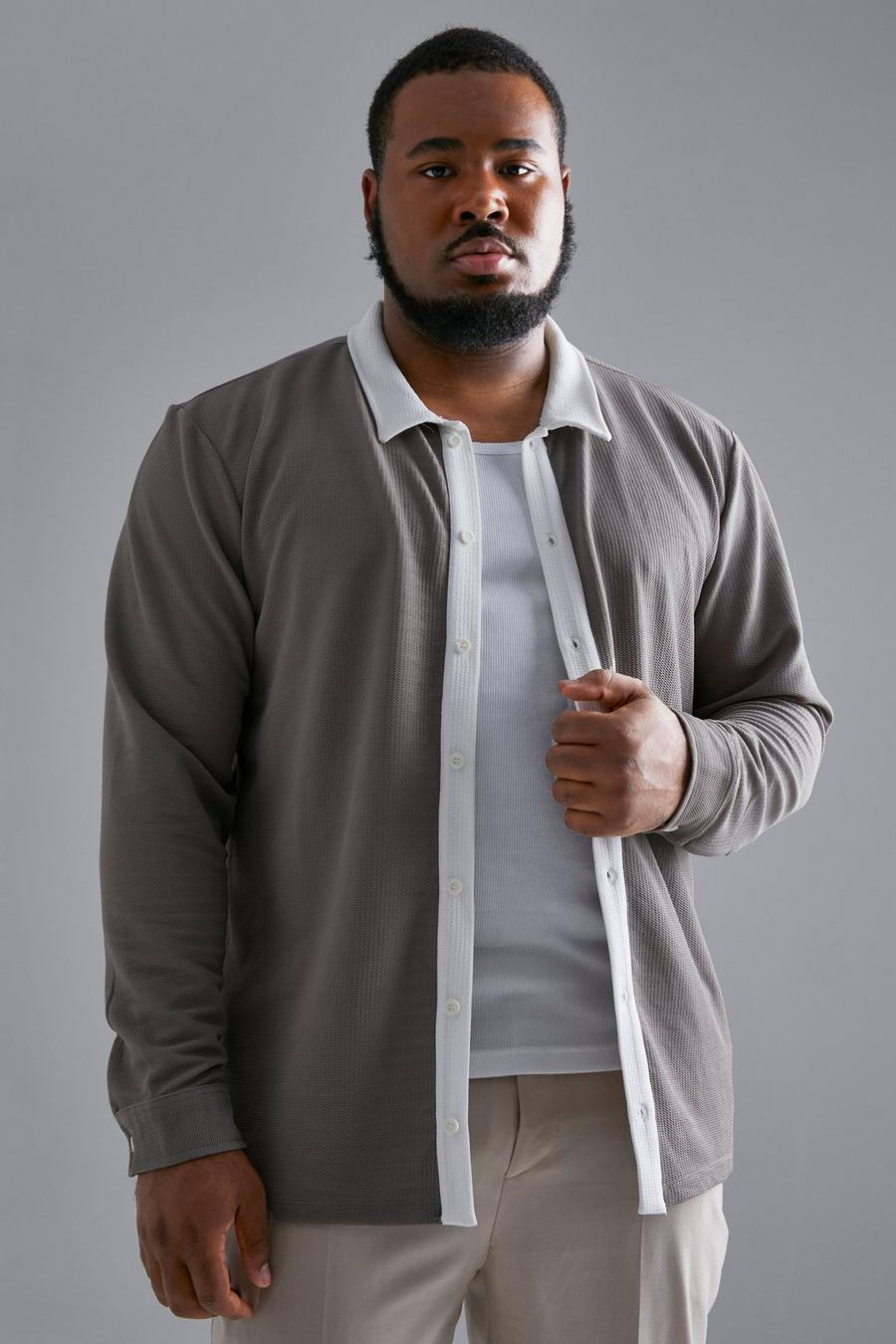 Taupe Plus Long Sleeve Jersey Textured Shirt image number 1