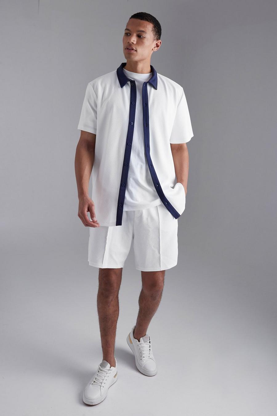 Conjunto Tall de pantalón corto y camisa de tela jersey texturizada, Ecru blanco