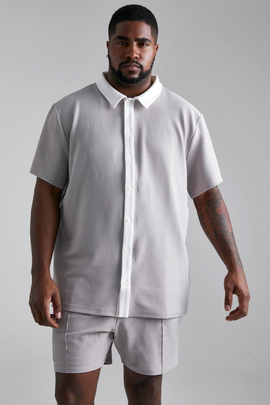 Grande taille - Ensemble texturé avec chemise et short, Grey image number 1