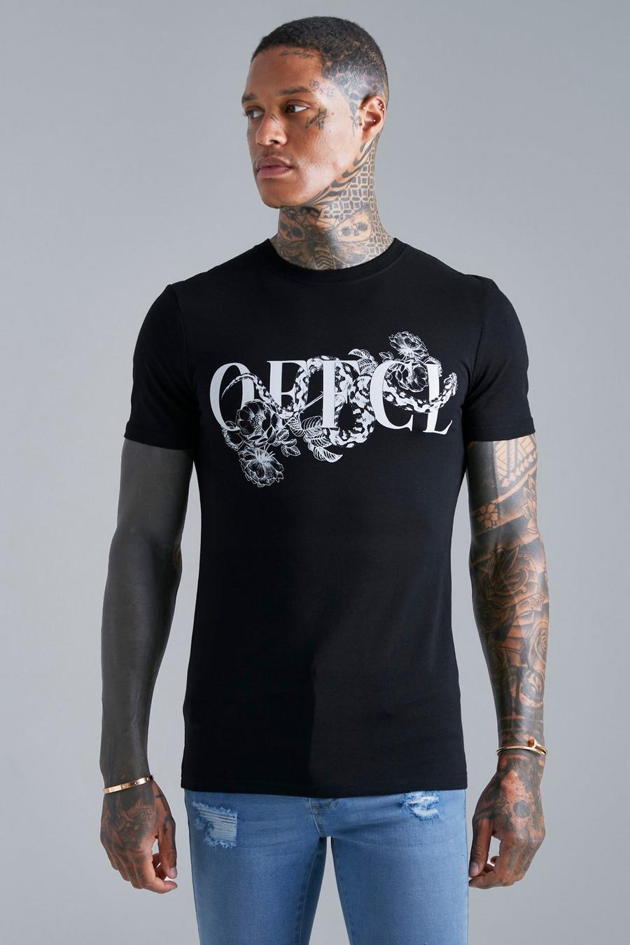 Black Muscle Fit Offcl Snake Print T-shirt image number 1