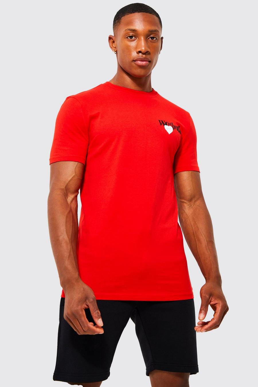Red Muscle Fit Worldwide Heart Print T-shirt