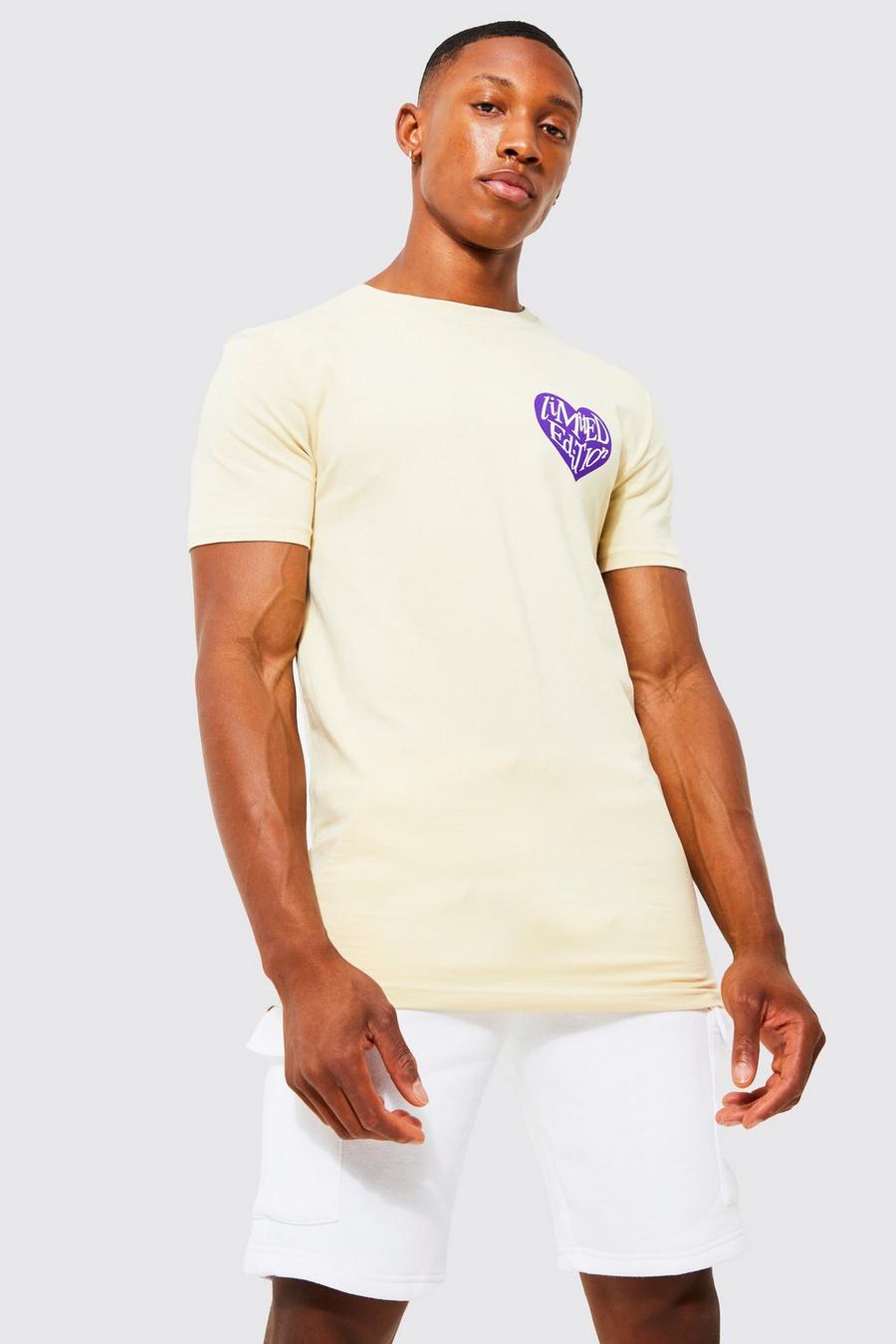 Sand beige Muscle Fit Limited Heart Print T-shirt