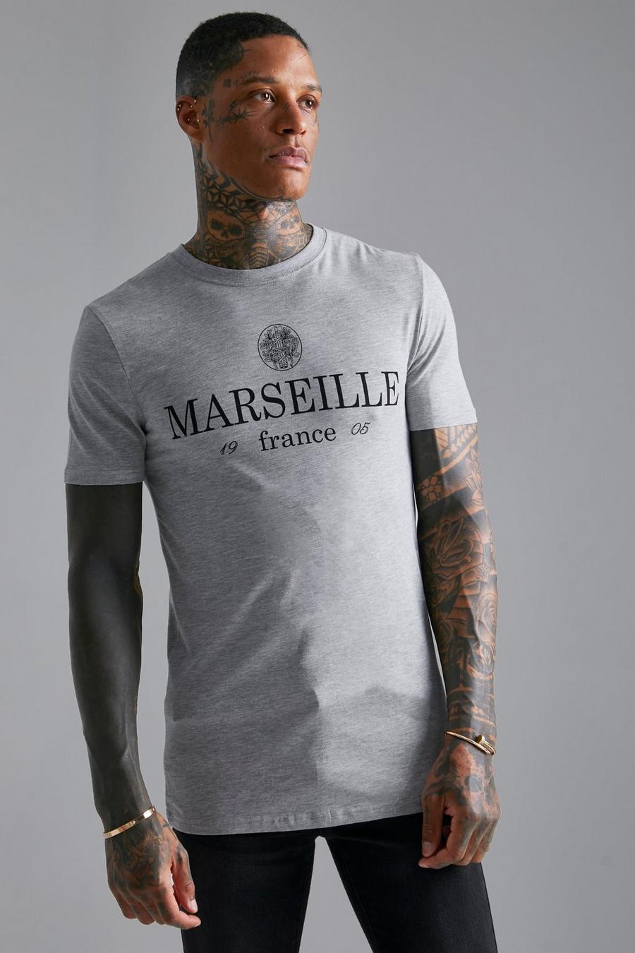 Grey marl Muscle Fit Marseille Slogan Print T-shirt