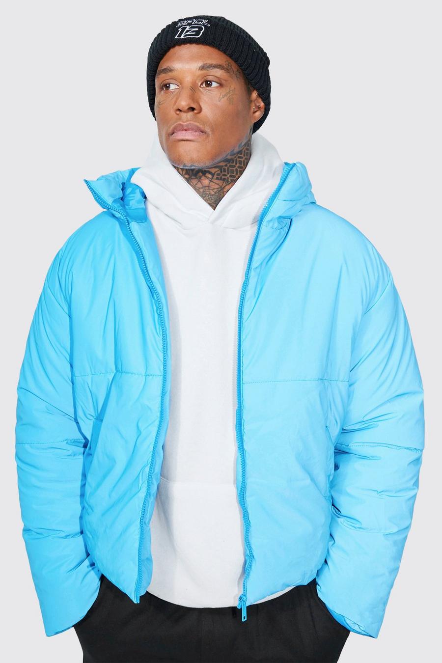 Blue Reflective Boxy Puffer With Oversized Hood image number 1