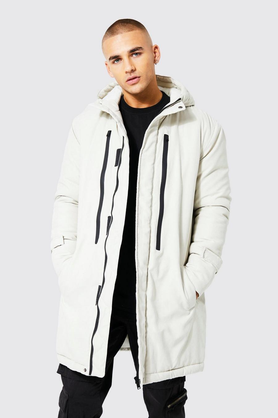Ecru Mid Length Hooded Parker With Chest Zips  image number 1