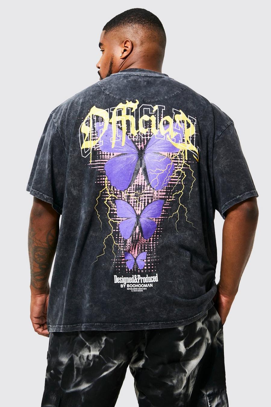 Plus T-Shirt mit Acid-Waschung und Schmetterlings-Print, Charcoal gris