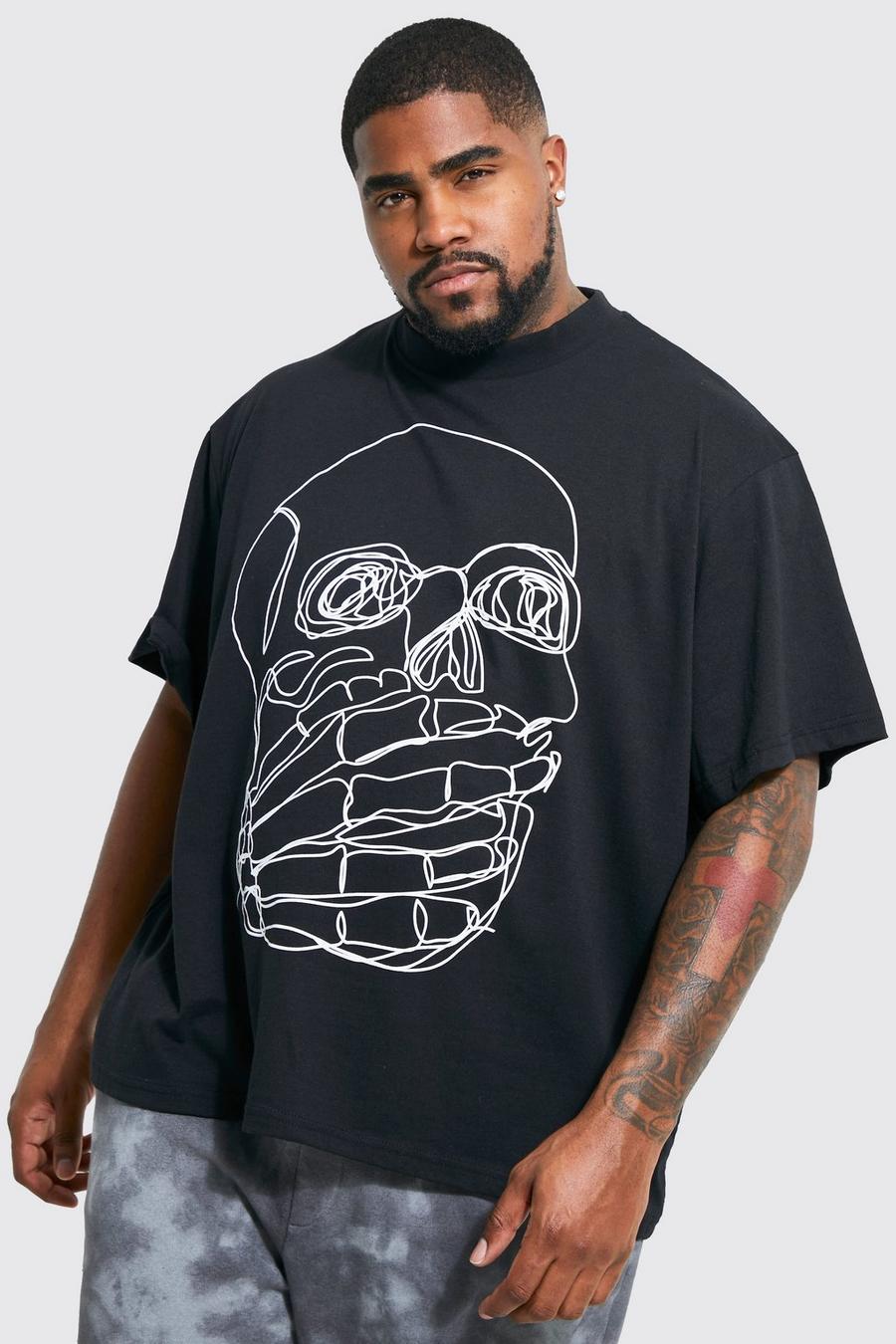 Black Plus Line Drawing Skeleton Print T-shirt