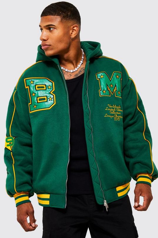 boohooMAN Mens Limited Edition Skull Varsity Jacket - Green