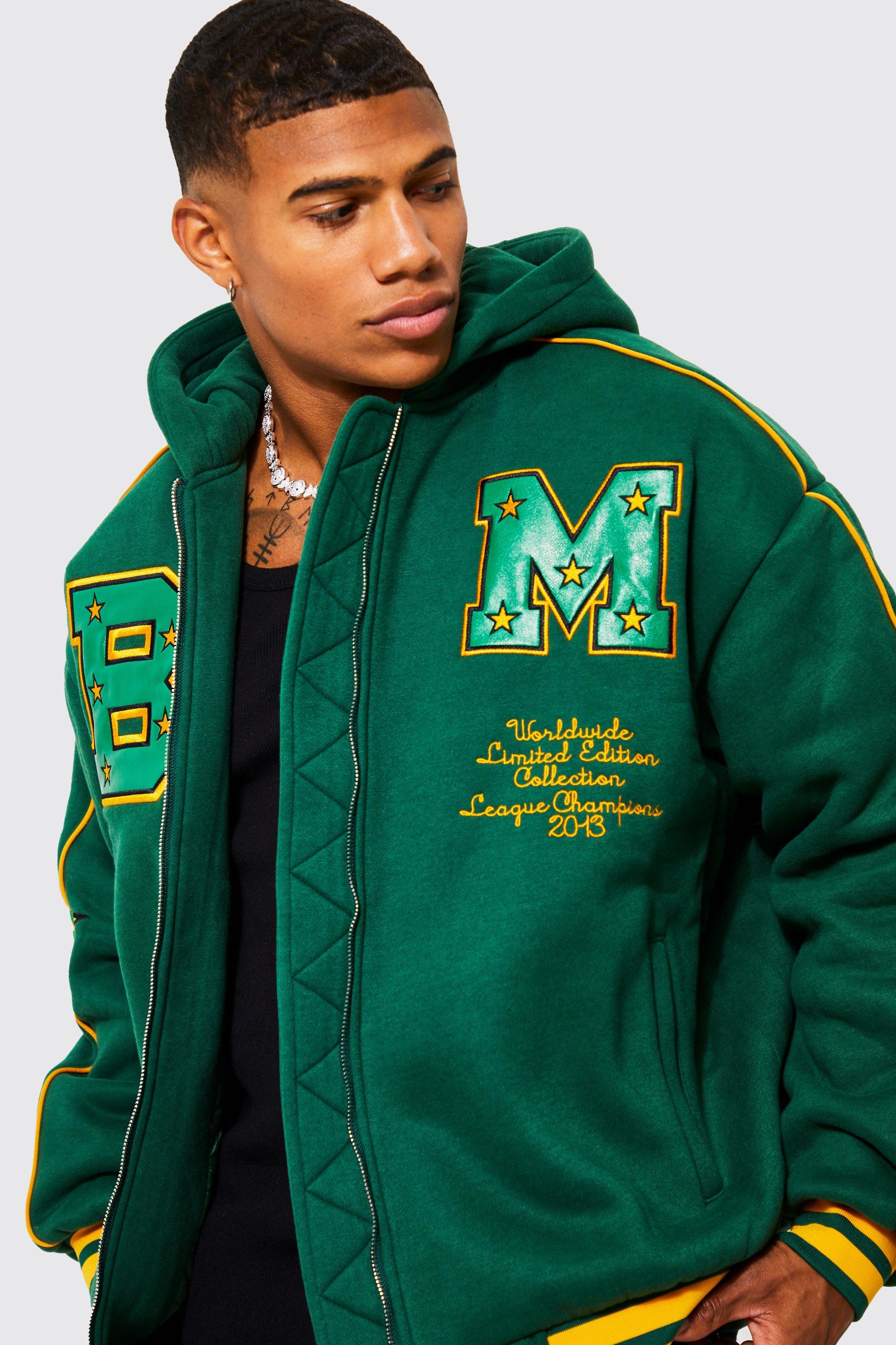 Hooded Varsity Jacket Mens in Forest Green