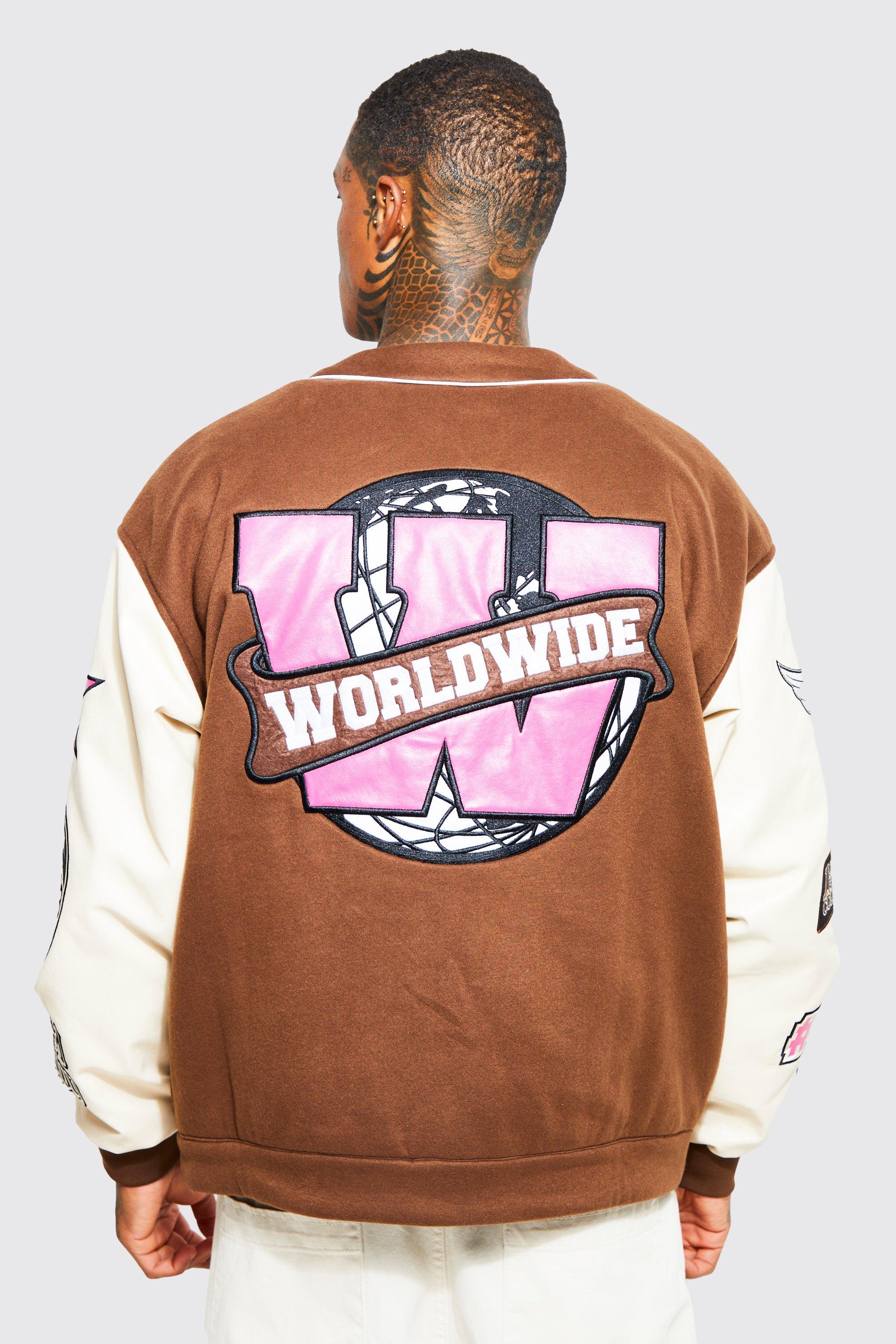 Oversized W Collarless Varsity Jacket | boohoo