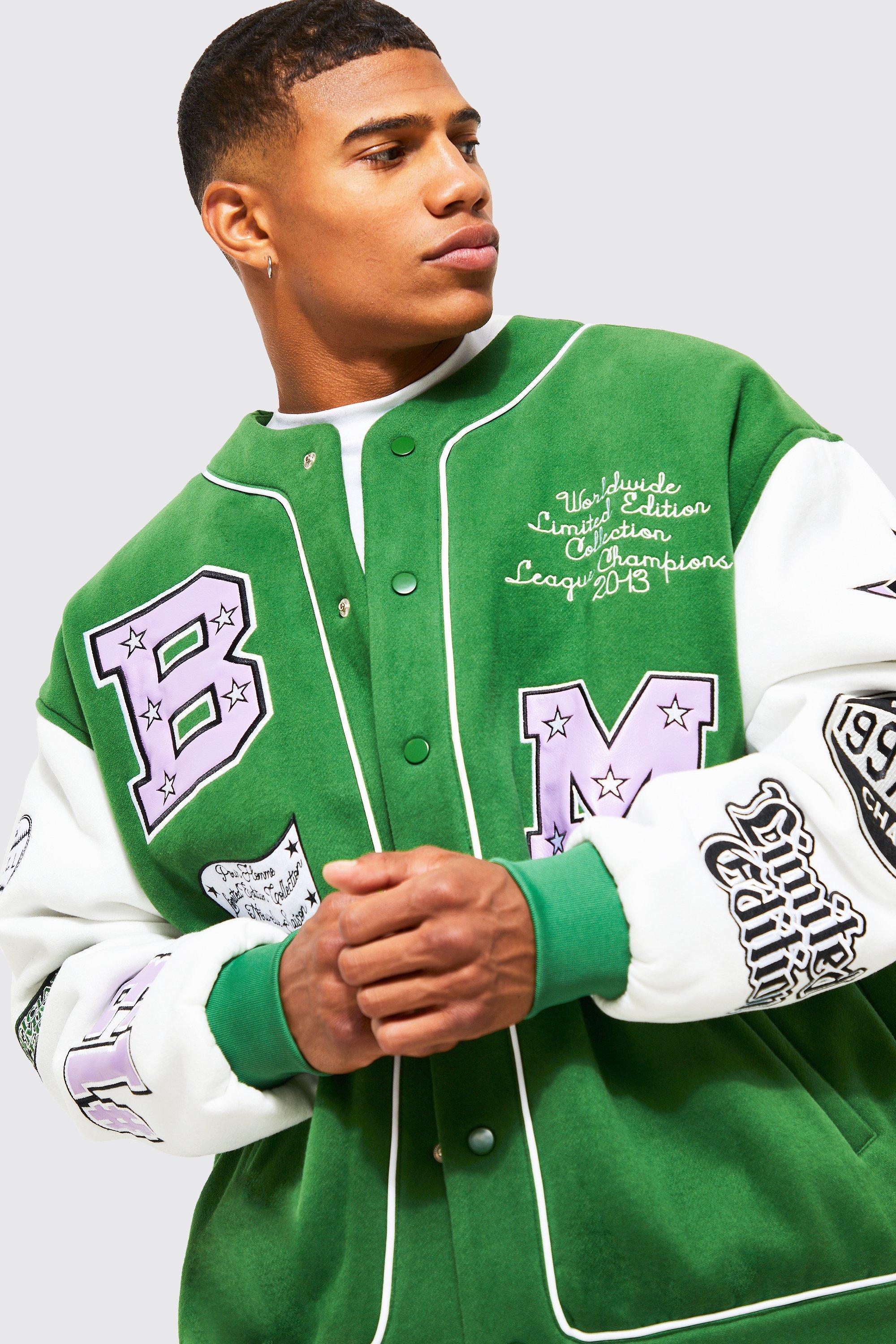 boohooMAN Men's Official Man Back Skeleton Varsity Jacket