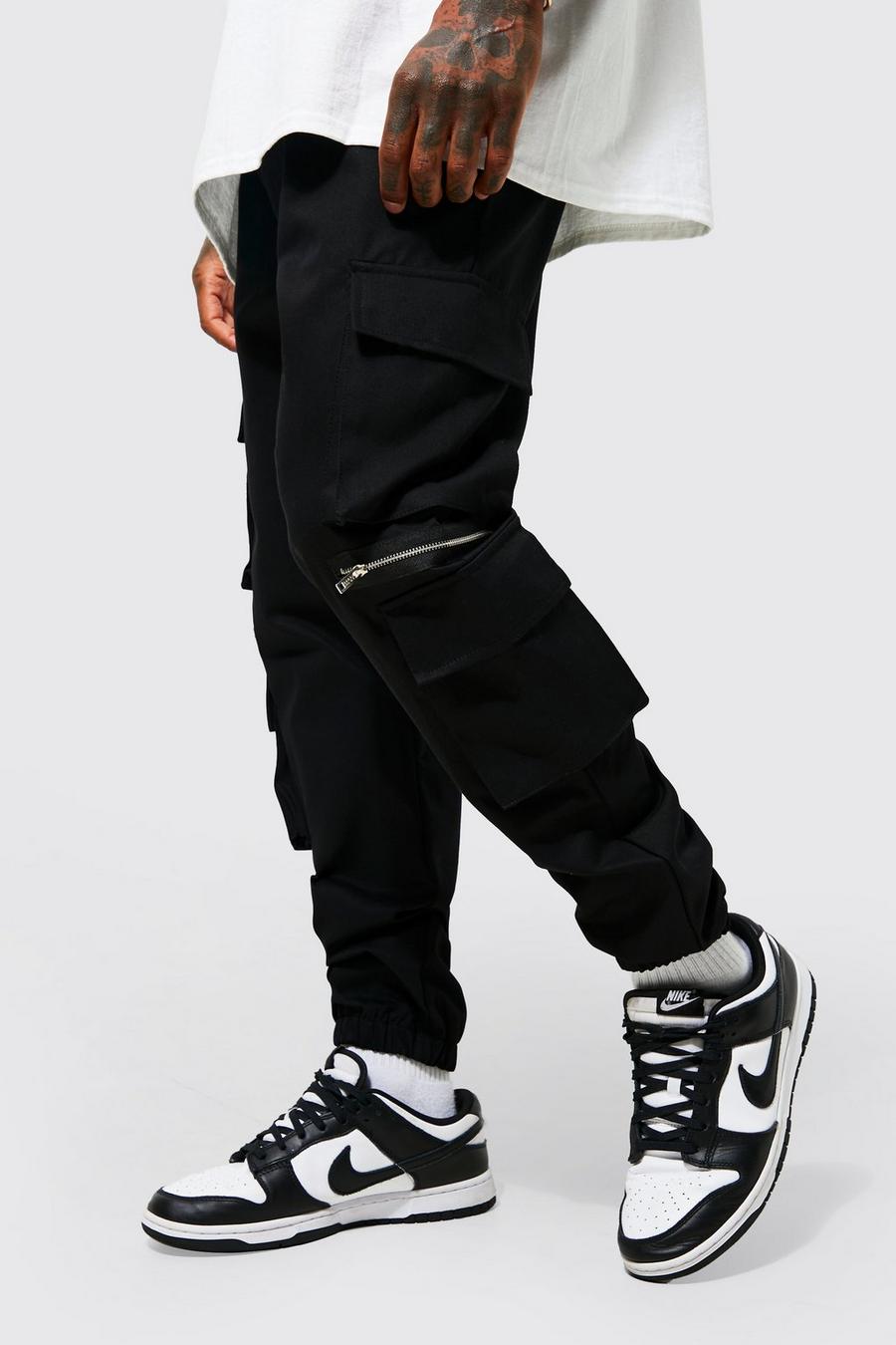 Black noir Elastic Waist Multi Pocket Zip Cargo Trouser