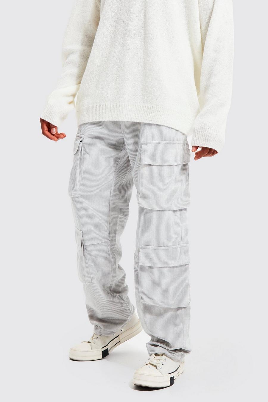 Pantaloni rilassati in velluto a coste ampie con tasche multiple, Light grey image number 1