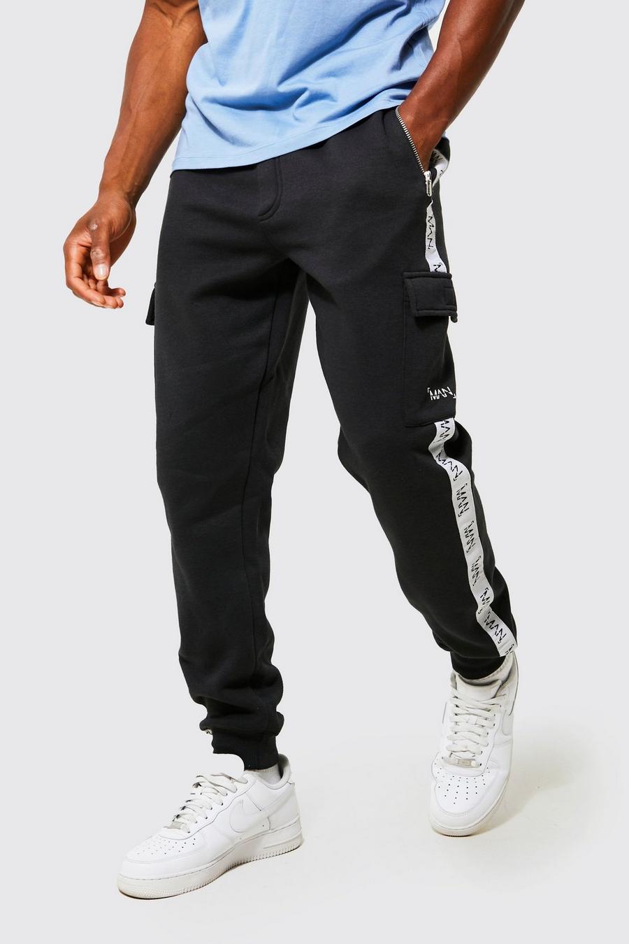 Pantaloni tuta Slim Fit stile Cargo con striscia, Black negro