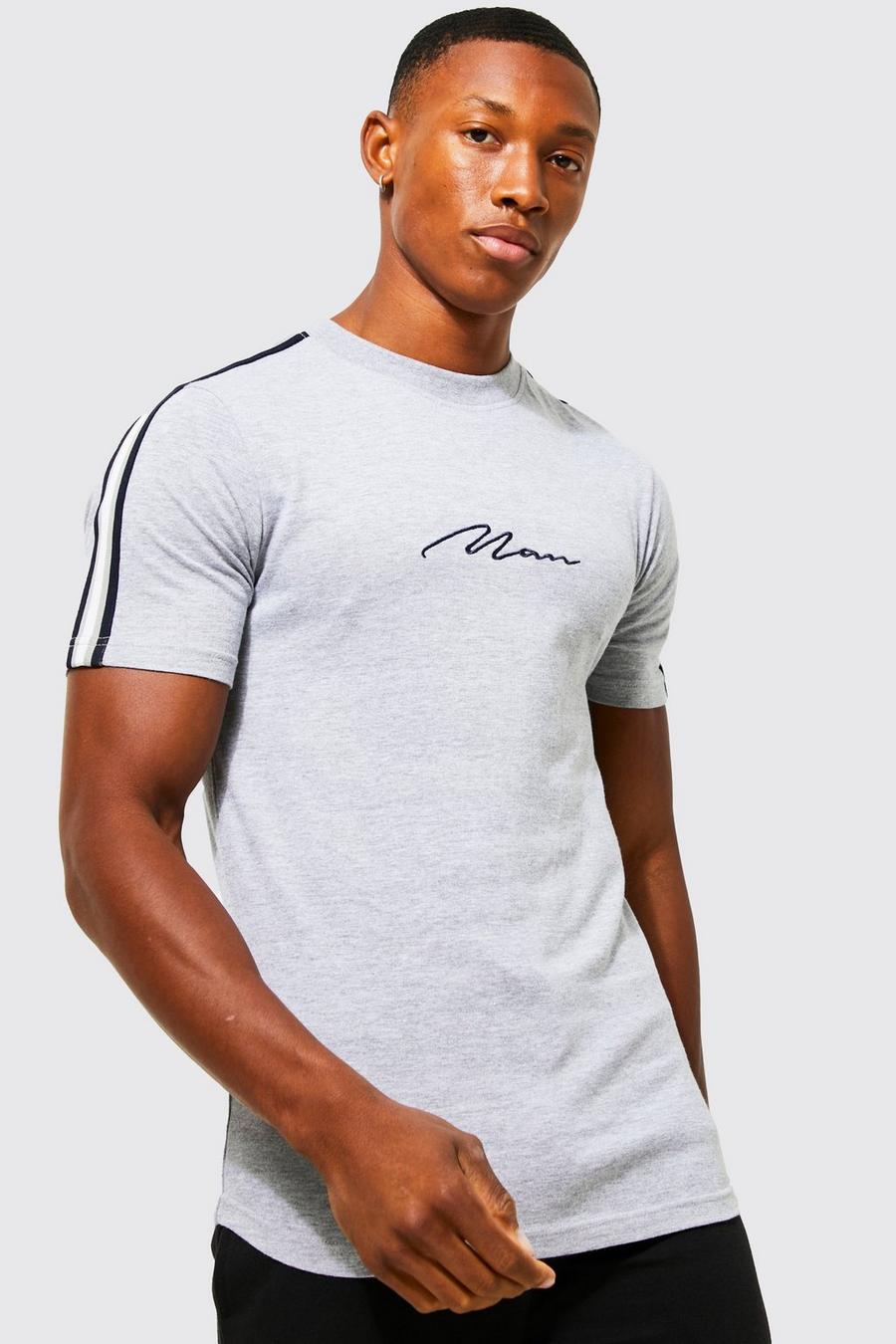 Grey marl Man Gestreept Muscle Fit T-Shirt Met Ronde Zoom image number 1