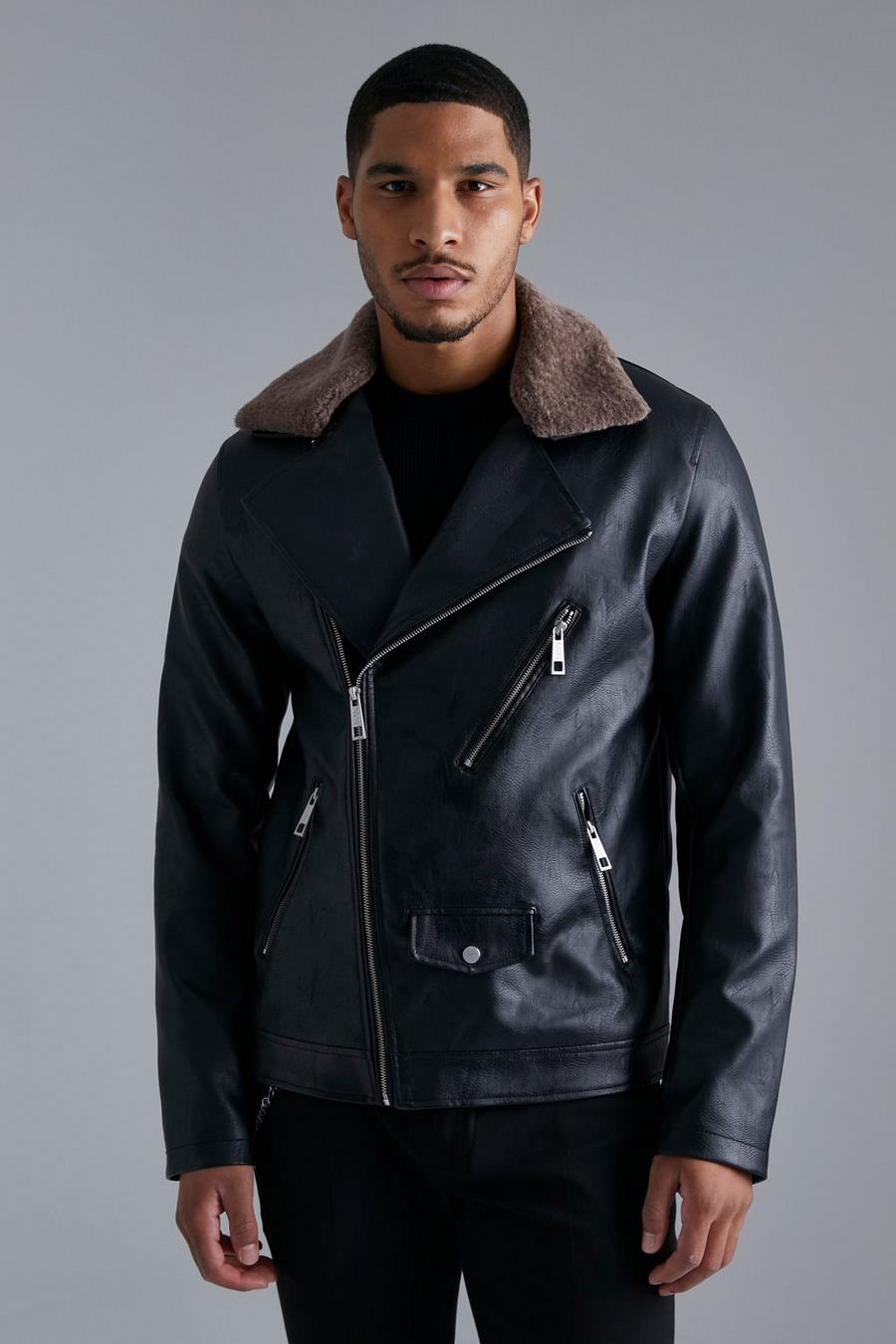 Black Tall Pu Biker Jacket With Faux Fur Collar