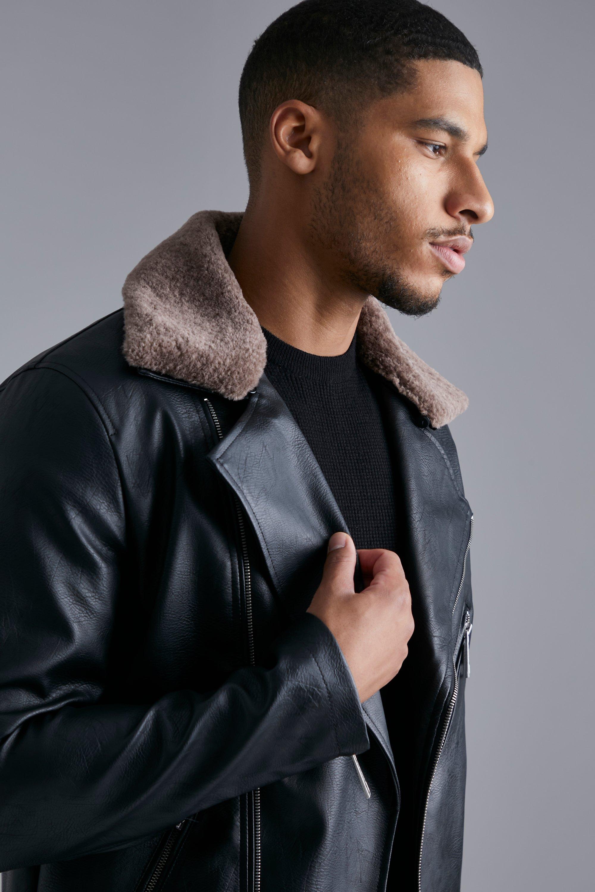 Men s Tall Pu Biker Jacket With Faux Fur Collar Boohoo UK