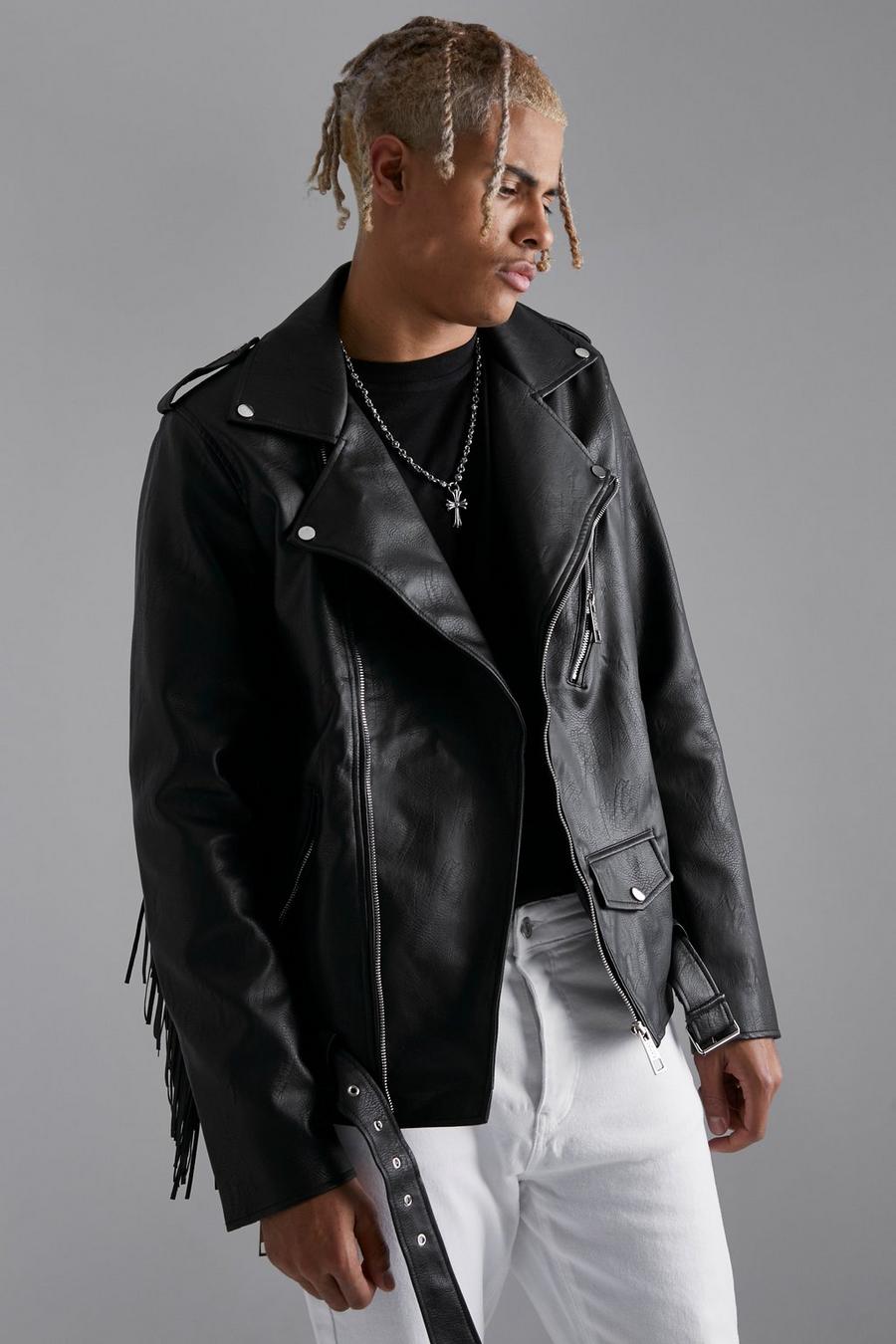 Black Tall Faux Leather Biker Jacket With Fringe image number 1