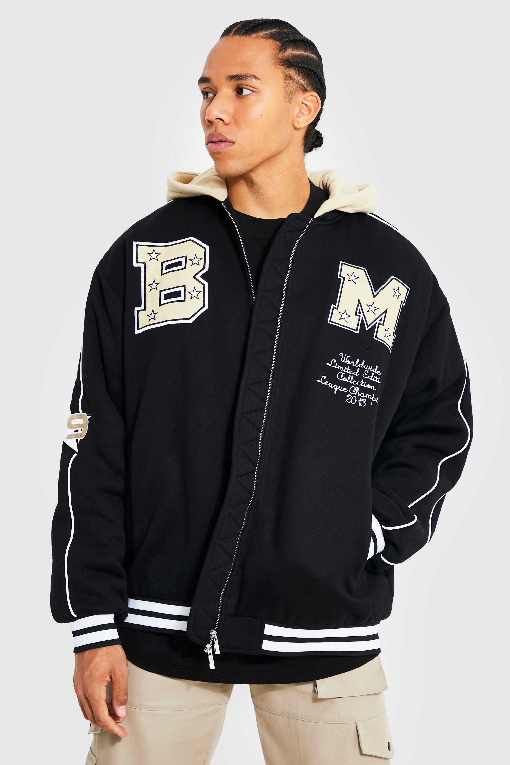Hooded varsity bomber jacket deals
