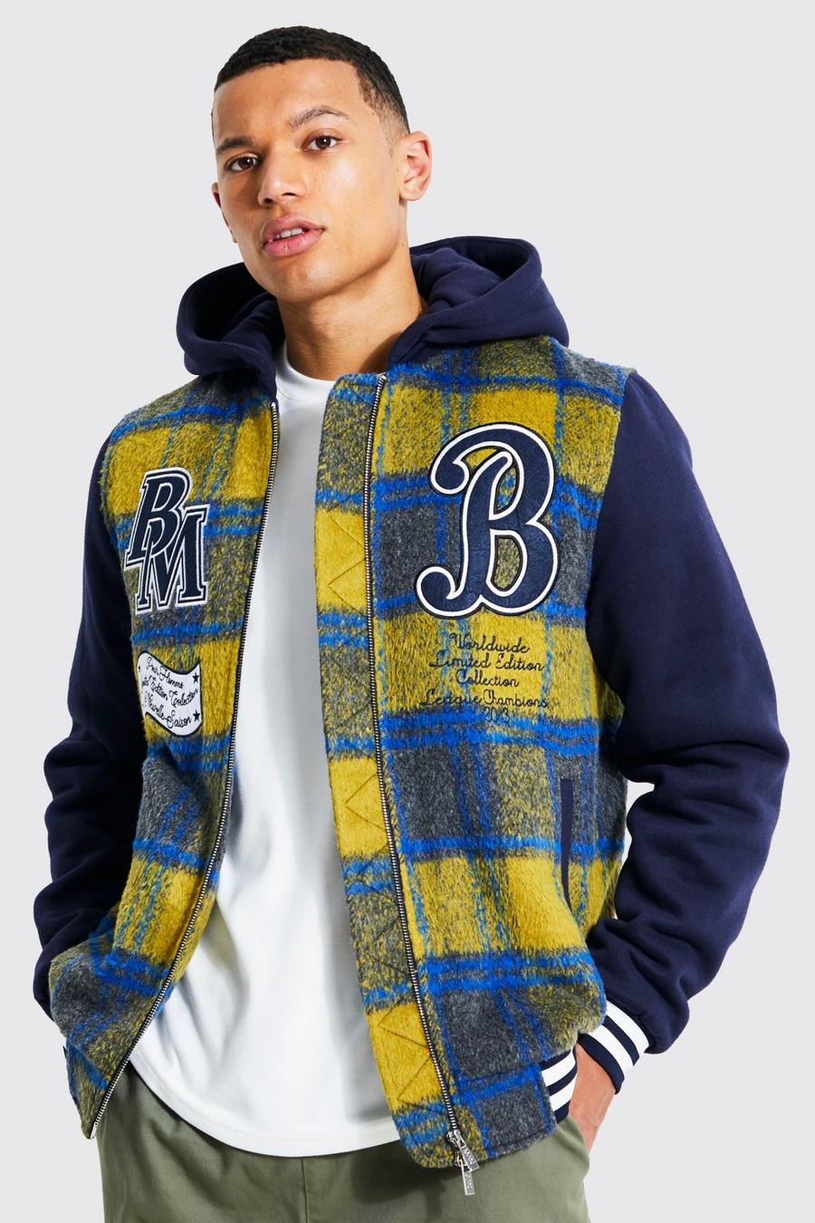 Blue Tall Limited Check Hooded Varsity Jacket image number 1
