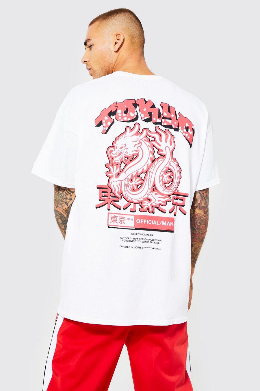 Camiseta oversize con estampado gráfico de dragón, White blanco image number 1
