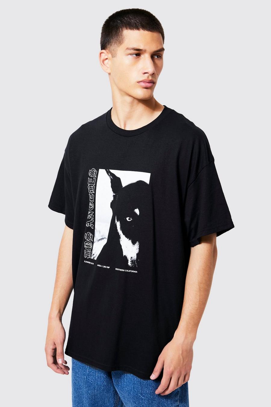 Black Oversized Photographic Dog Graphic T-shirt image number 1