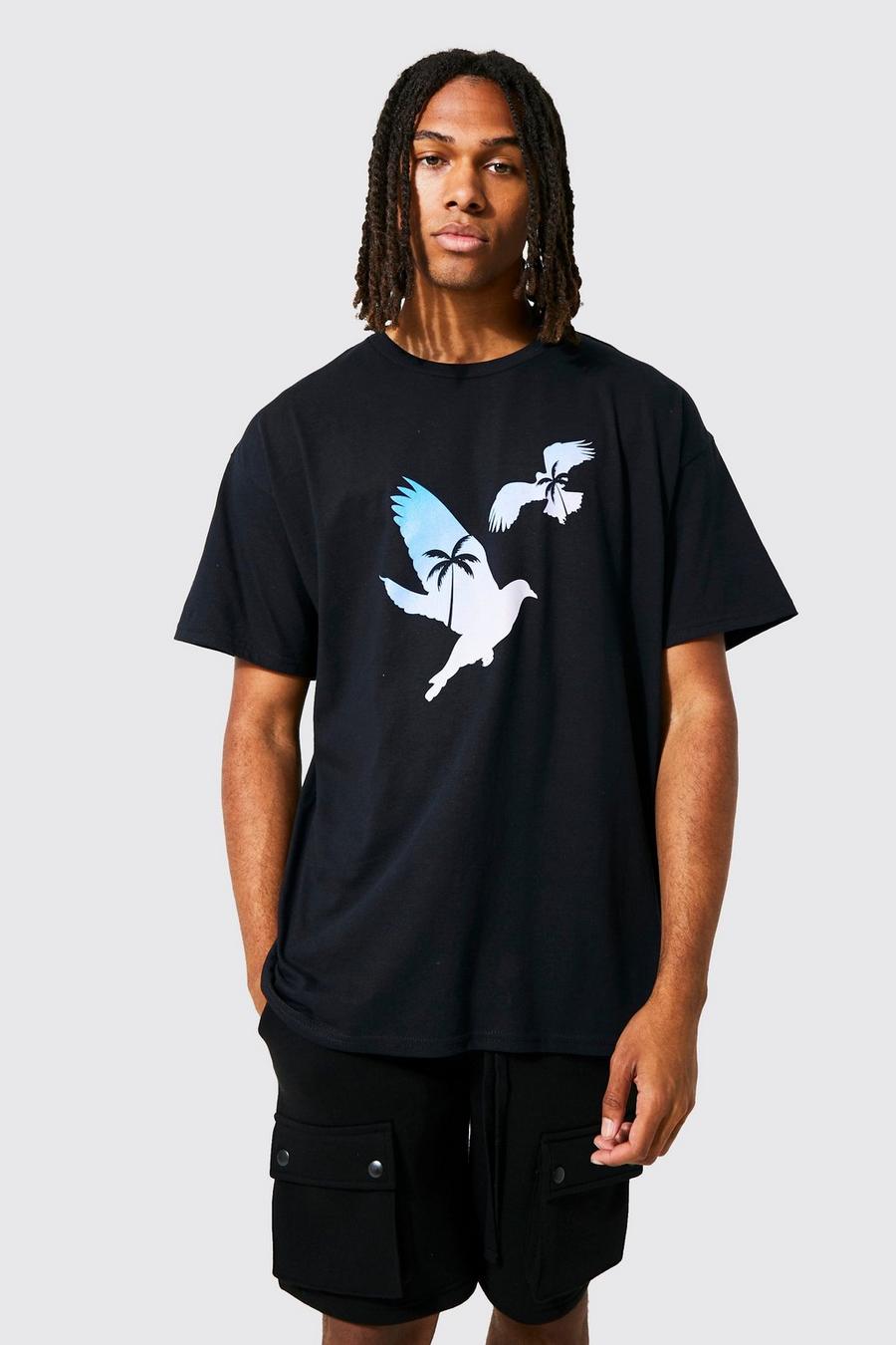 Black Oversized Palm And Dove Graphic T-shirt
