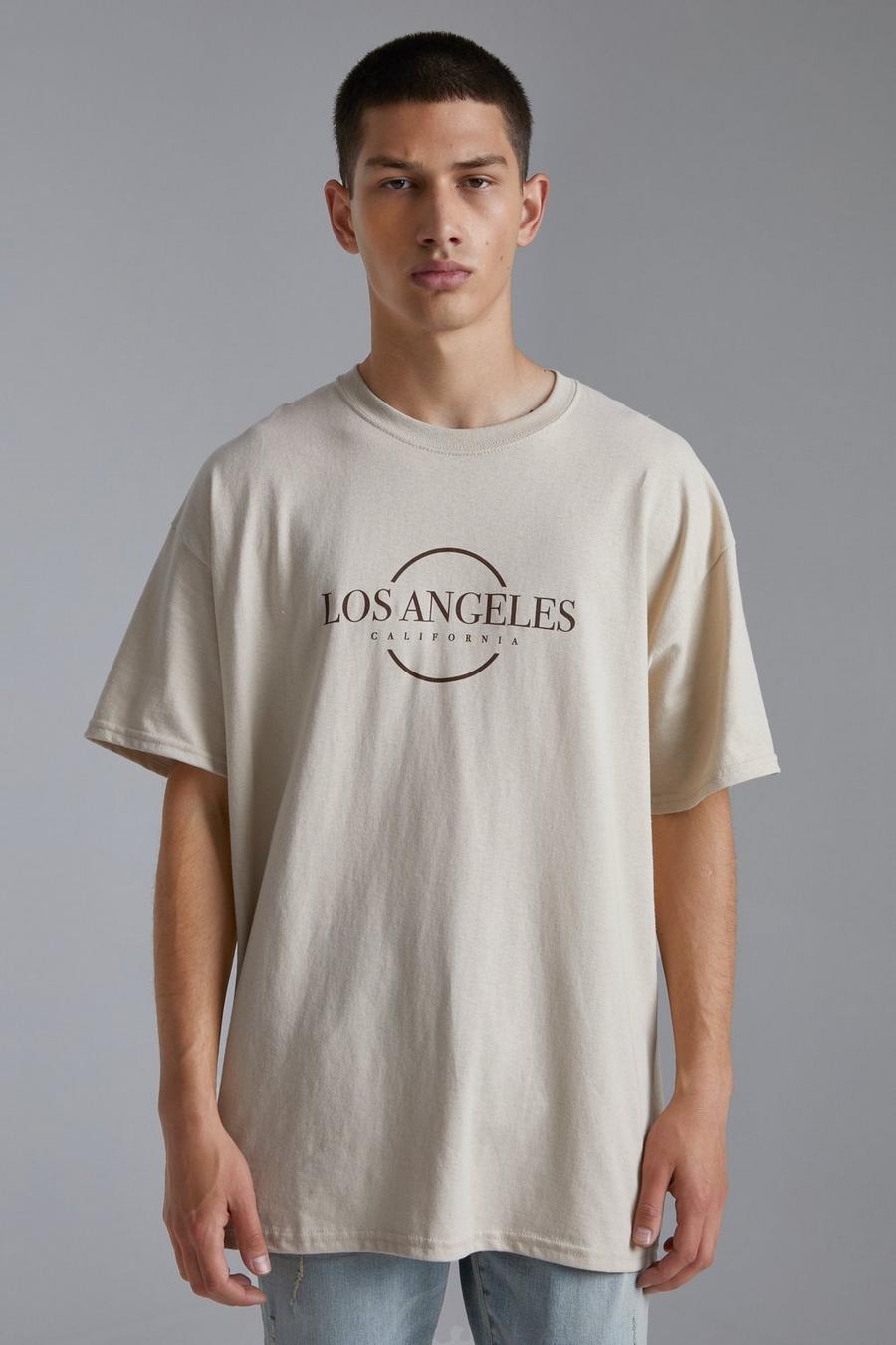 Camiseta oversize con estampado gráfico de LA, Sand beige image number 1
