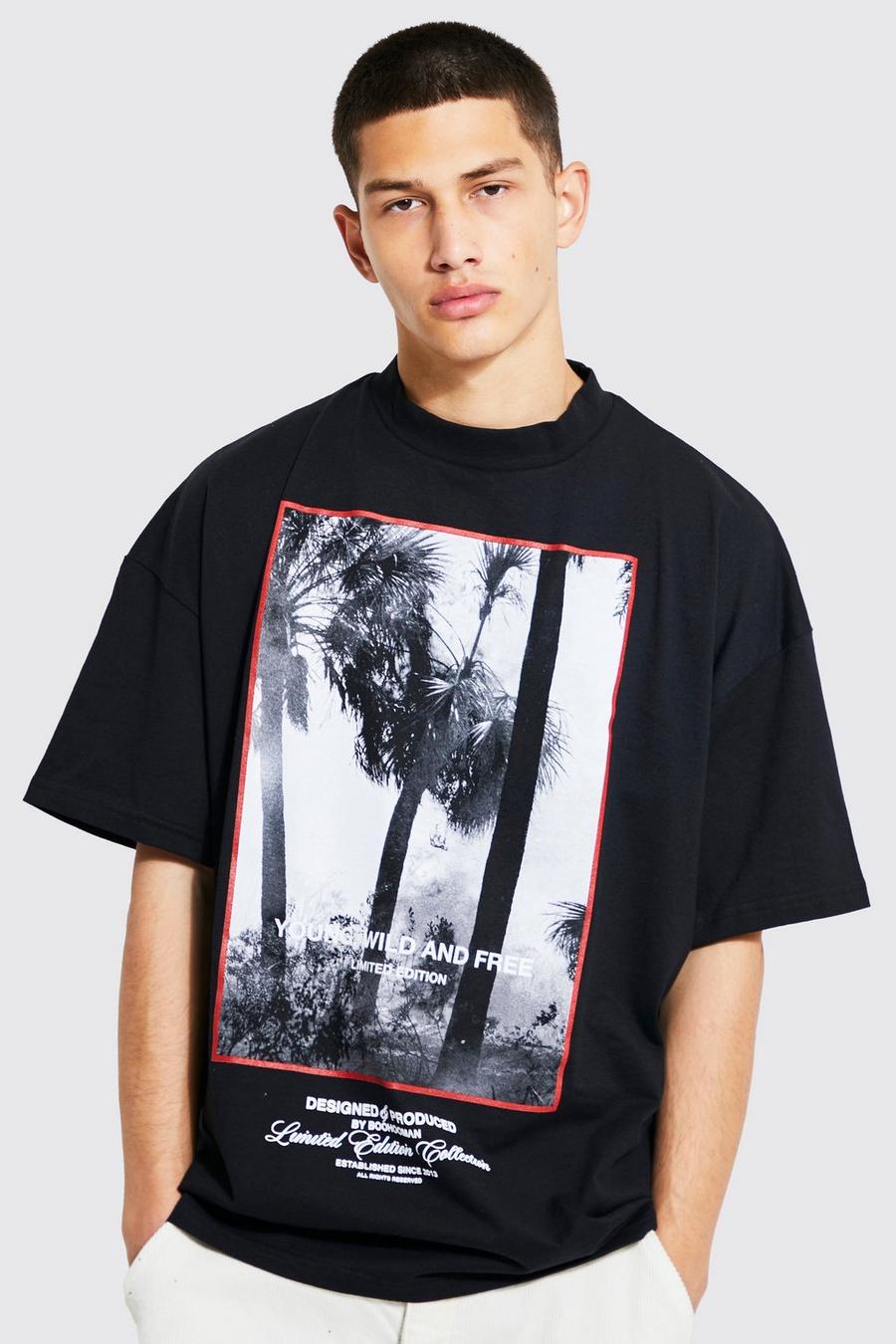 Black Oversized Extended Neck Photographic T-shirt 