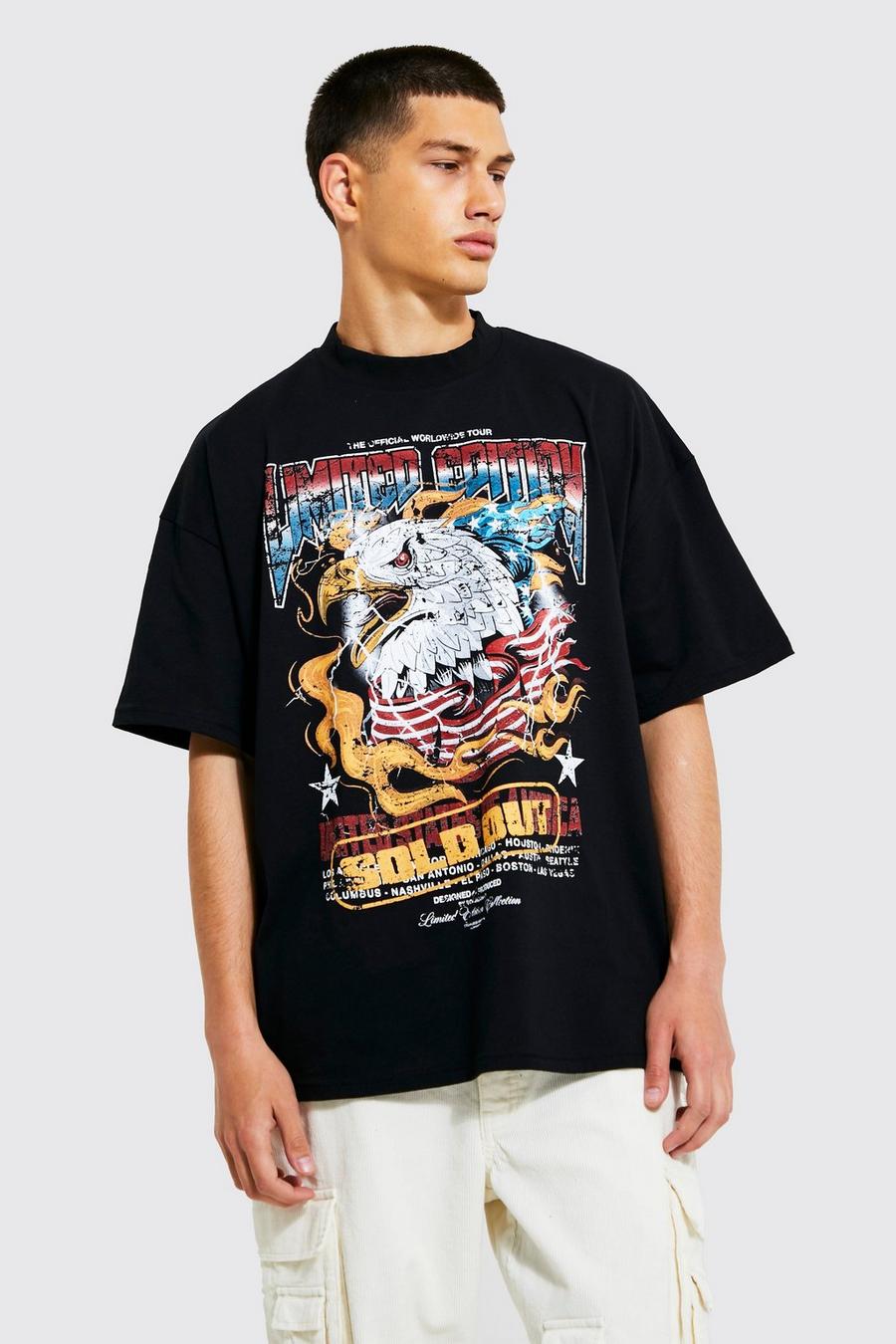 Black negro Oversized Extended Neck Eagle Graphic T-shirt