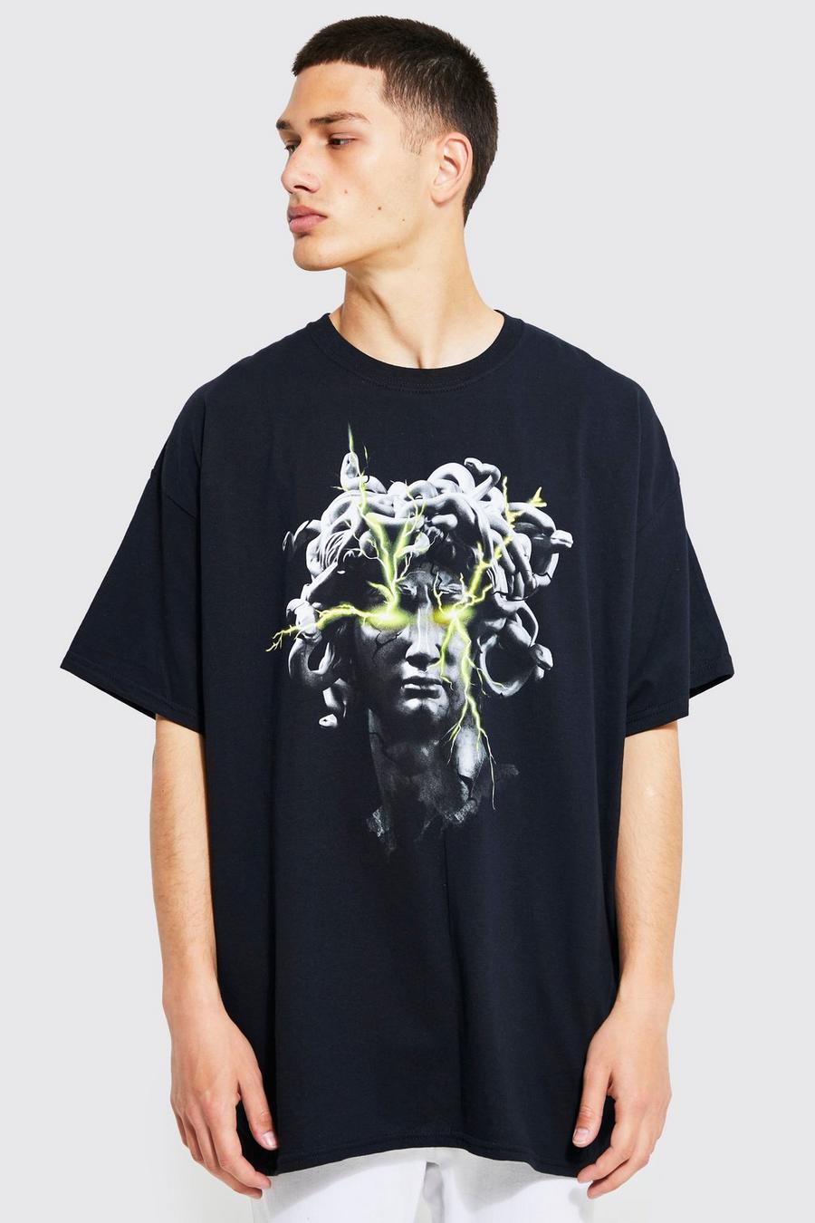 Black Oversized Graphic Medusa T-shirt image number 1