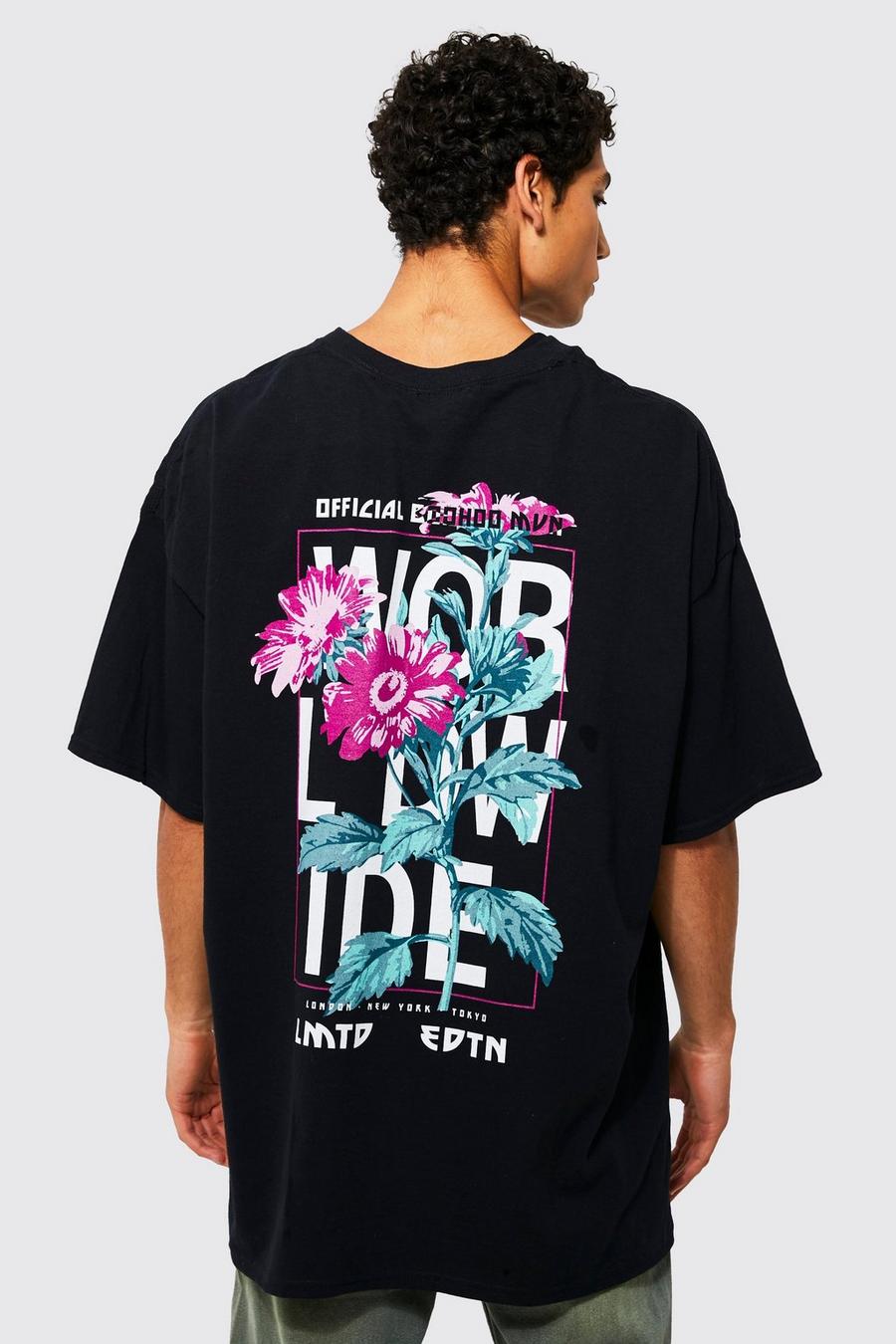 Black Oversized Worldwide Floral Graphic T-shirt image number 1