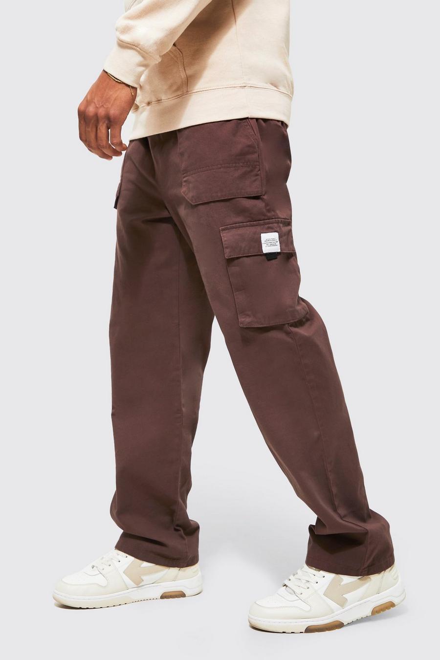 Pantalón deportivo holgado cargo de sarga con cinturón, Chocolate