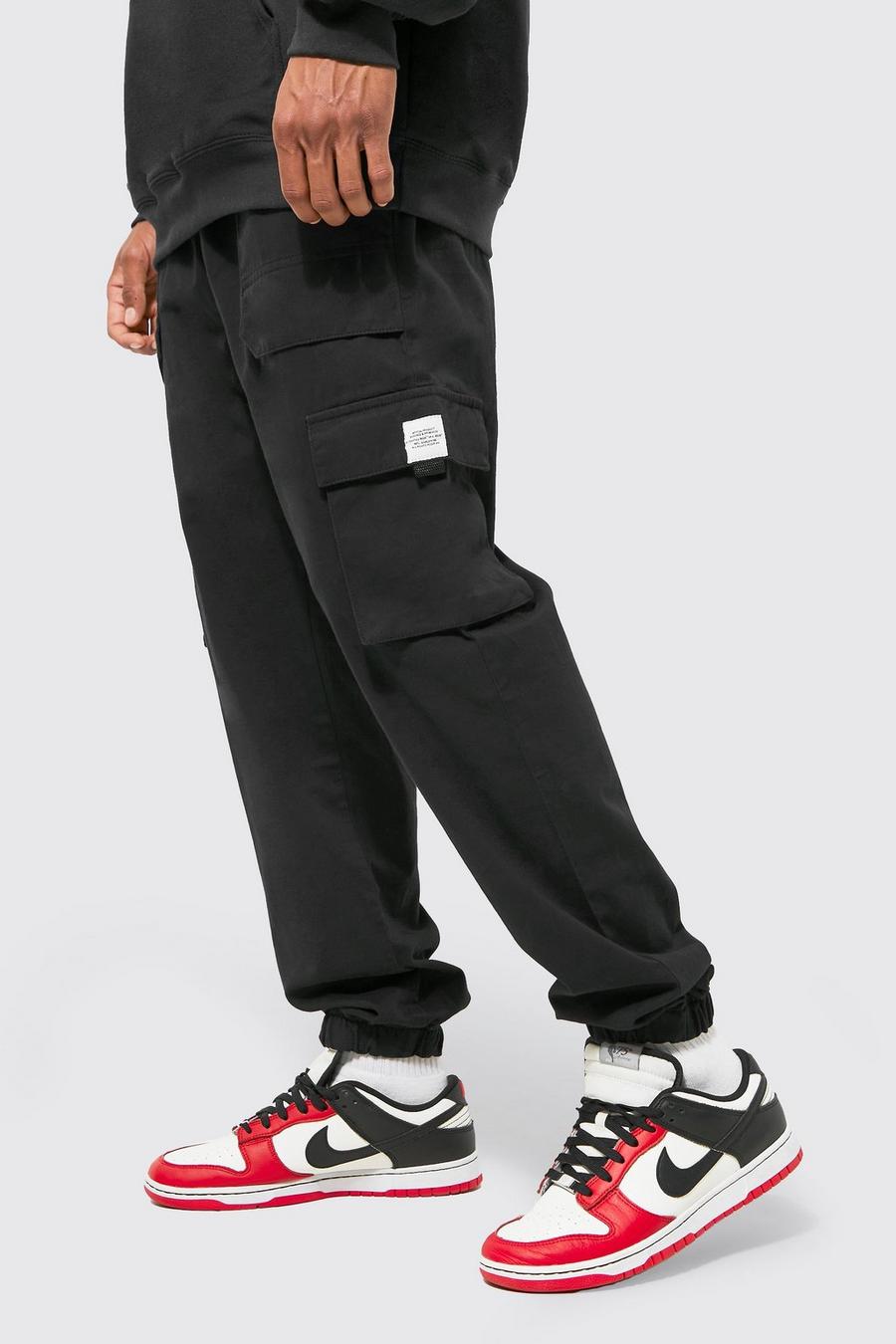 Pantaloni tuta Cargo Regular Fit in twill con cintura frontale, Black negro