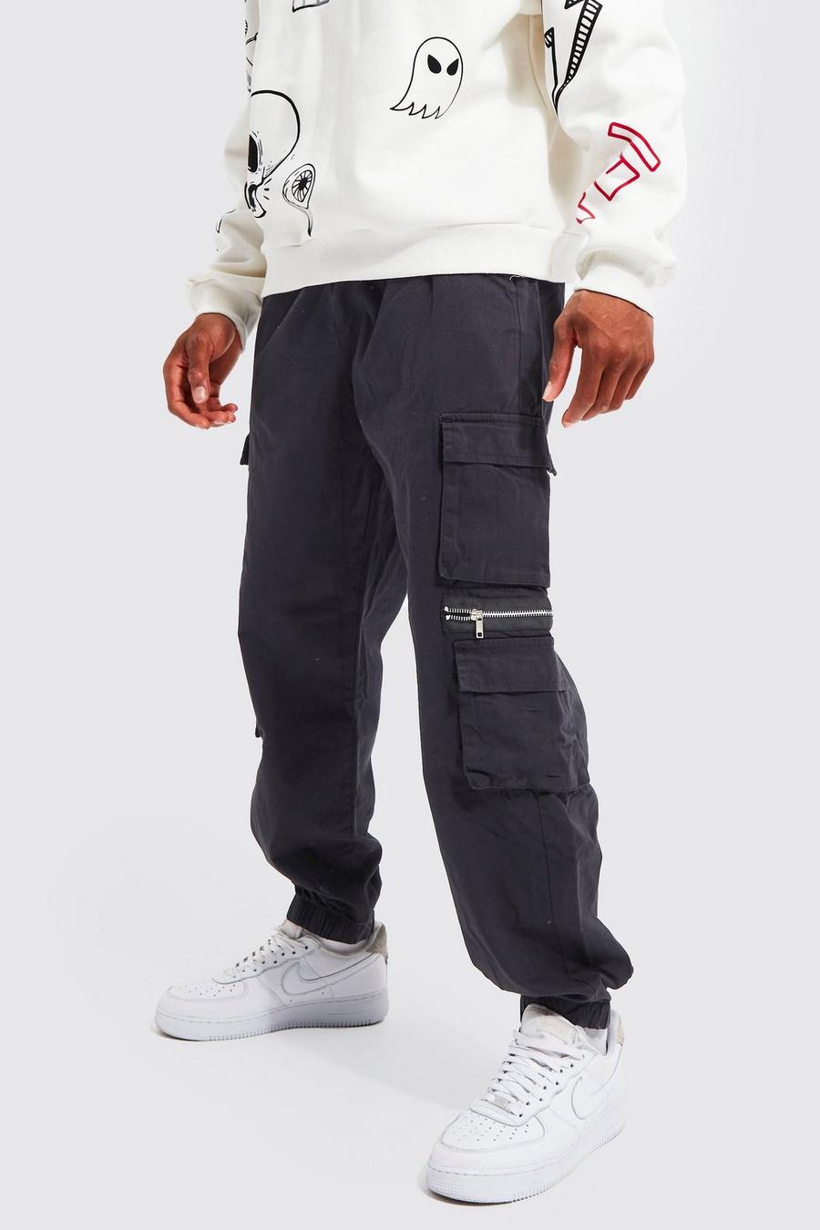 Black Elastic Waist Multi Pocket Zip Cargo Pants image number 1